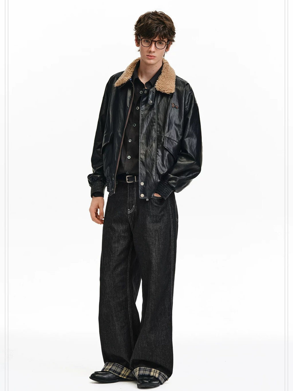 PCLP Breathable Contrast Plaid Patchwork Mid Rise Wide Straight Women Cotton Jeans