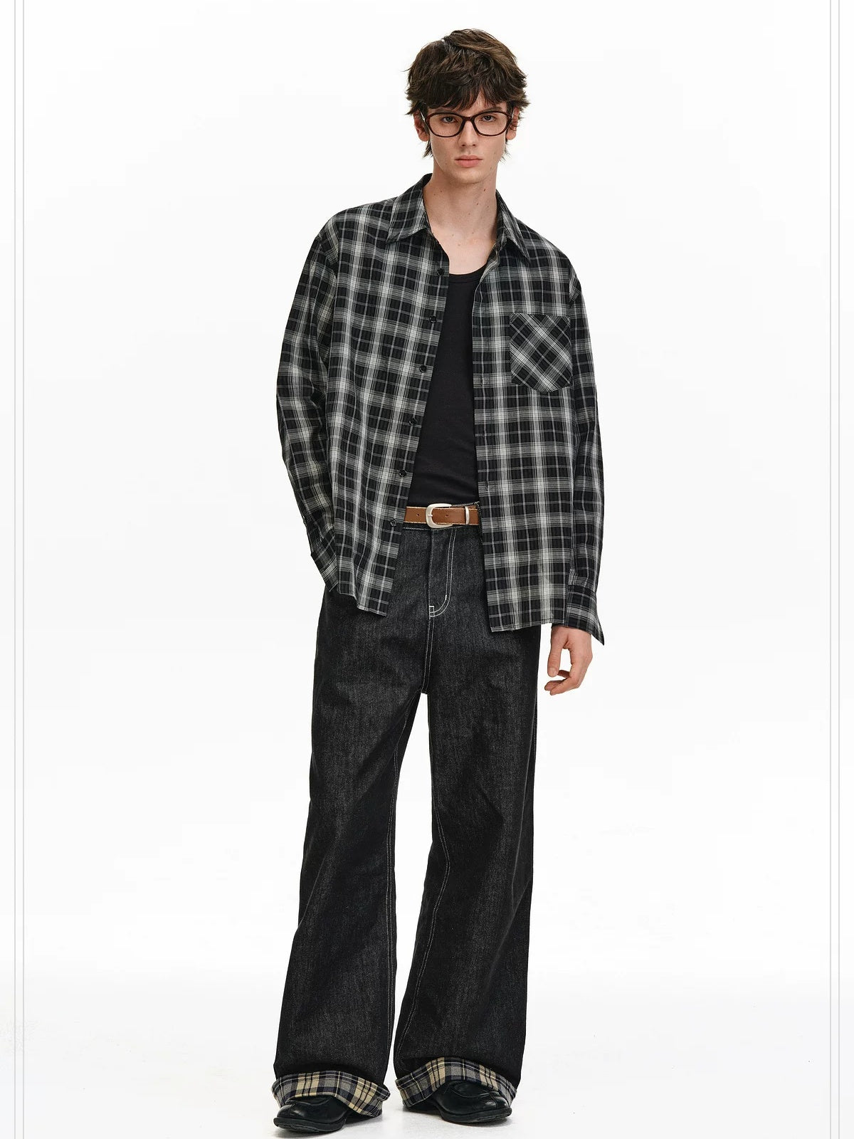 PCLP Breathable Contrast Plaid Patchwork Mid Rise Wide Straight Women Cotton Jeans