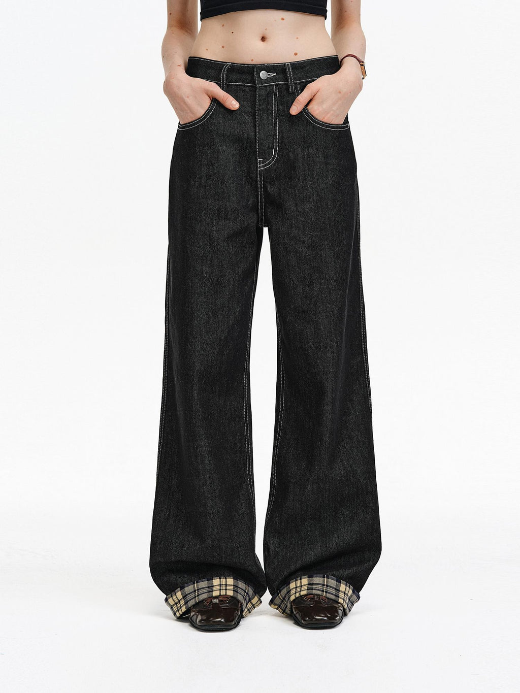 PCLP Breathable Contrast Plaid Patchwork Mid Rise Wide Straight Women Cotton Jeans