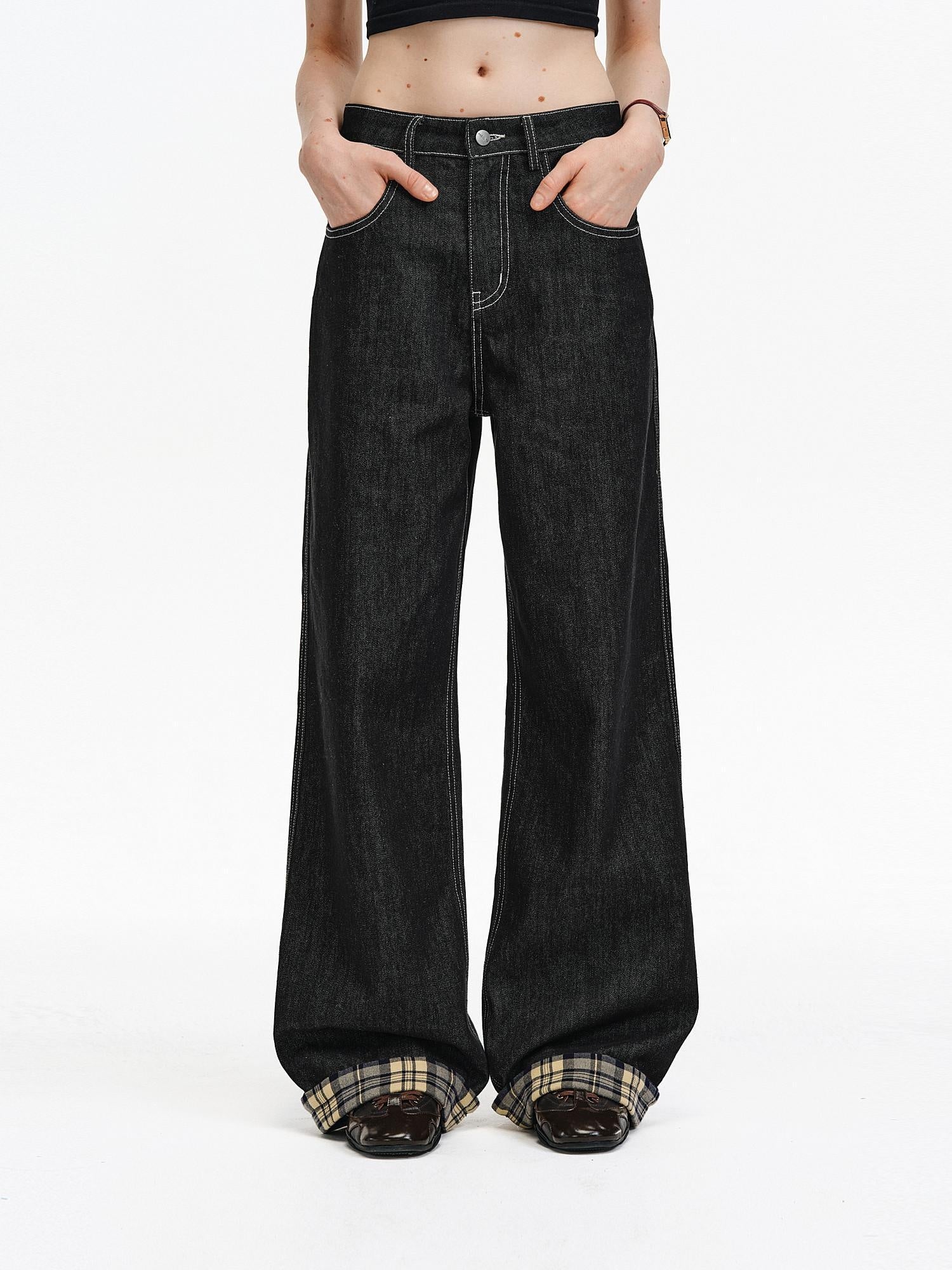 PCLP Breathable Contrast Plaid Patchwork Mid Rise Wide Straight Women Cotton Jeans