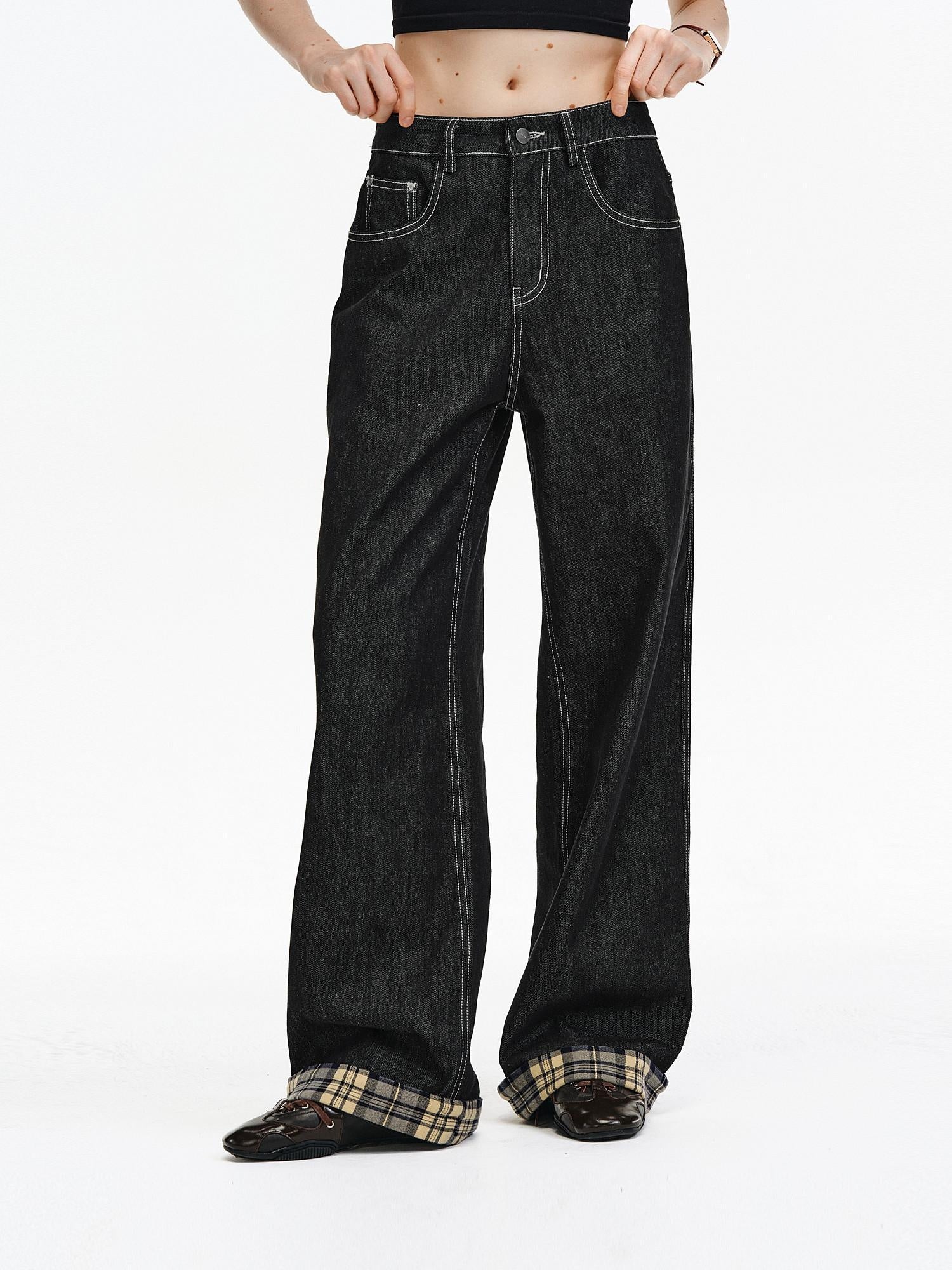 PCLP Breathable Contrast Plaid Patchwork Mid Rise Wide Straight Women Cotton Jeans