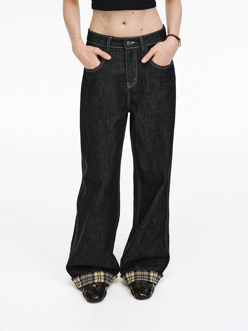 PCLP Breathable Contrast Plaid Patchwork Mid Rise Wide Straight Women Cotton Jeans