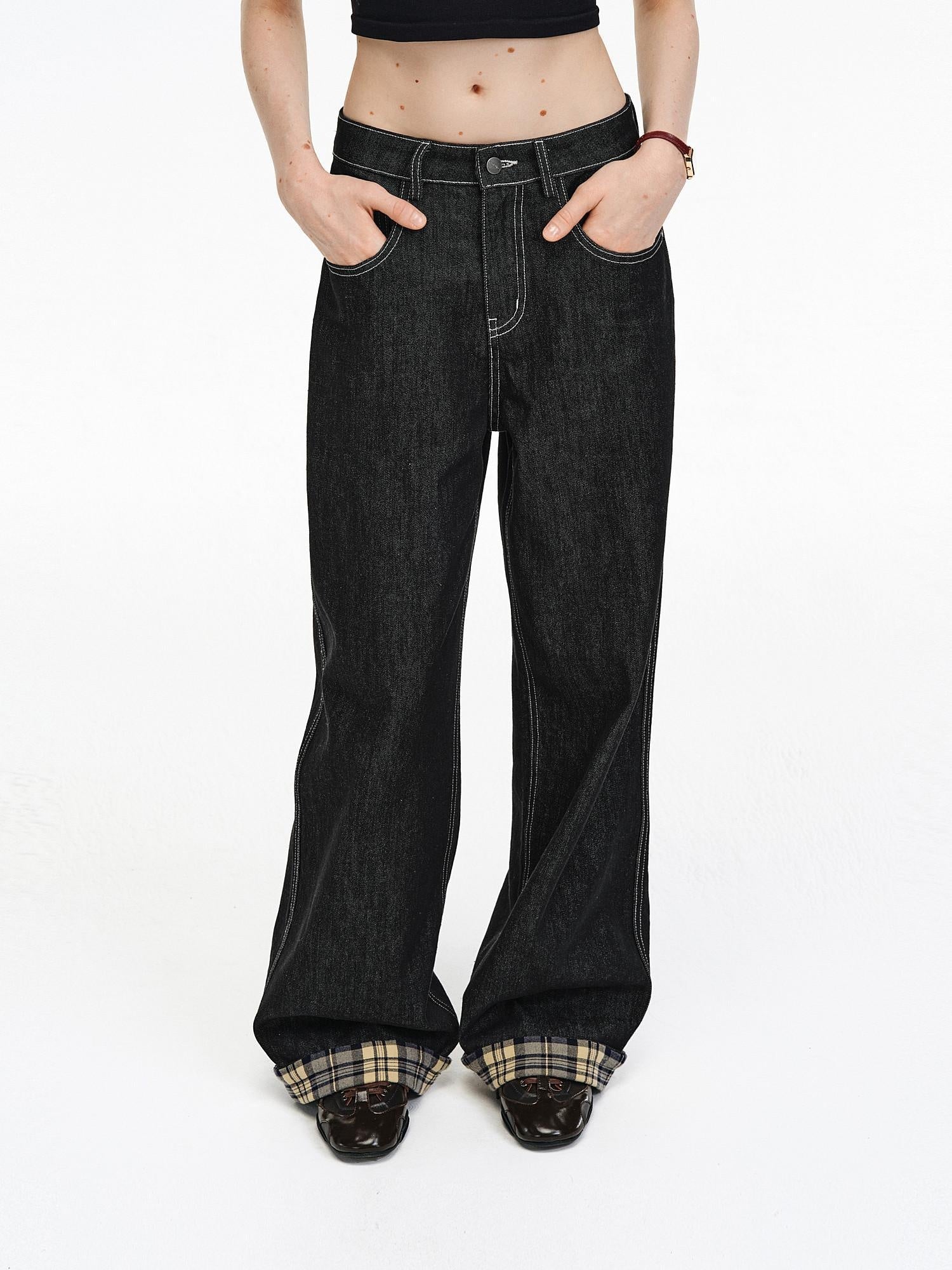PCLP Breathable Contrast Plaid Patchwork Mid Rise Wide Straight Women Cotton Jeans