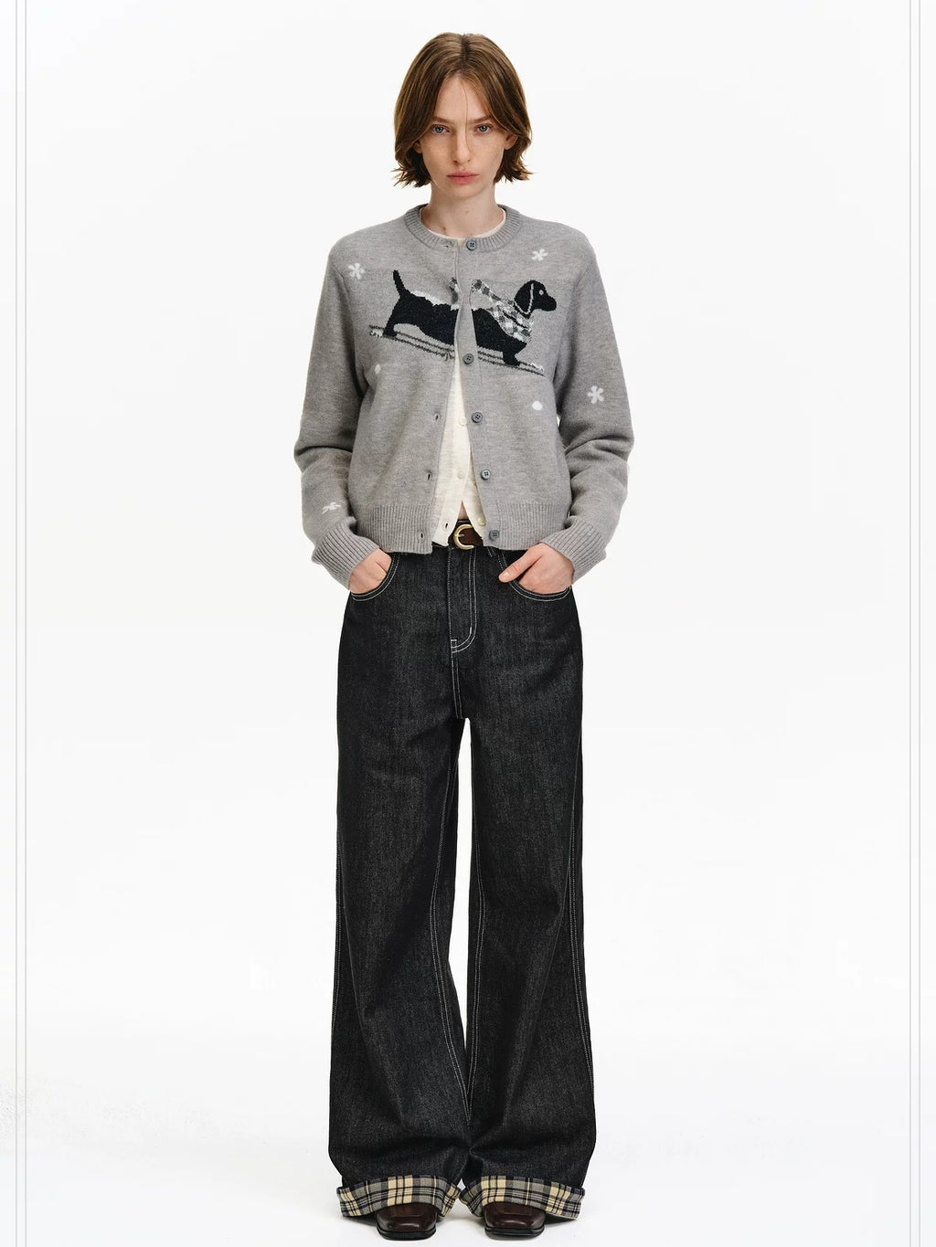 PCLP Breathable Contrast Plaid Patchwork Mid Rise Wide Straight Women Cotton Jeans