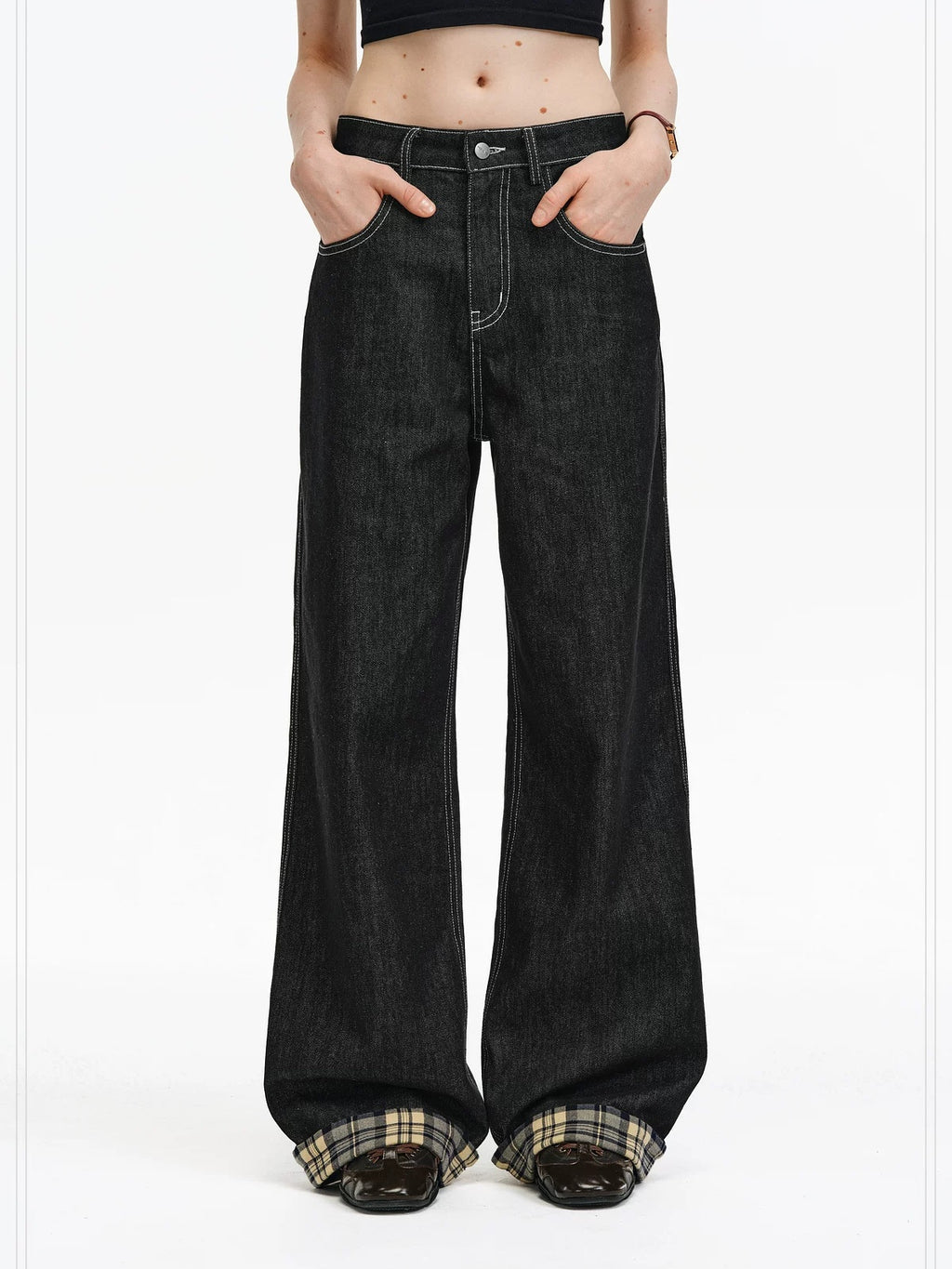 PCLP Breathable Contrast Plaid Patchwork Mid Rise Wide Straight Women Cotton Jeans