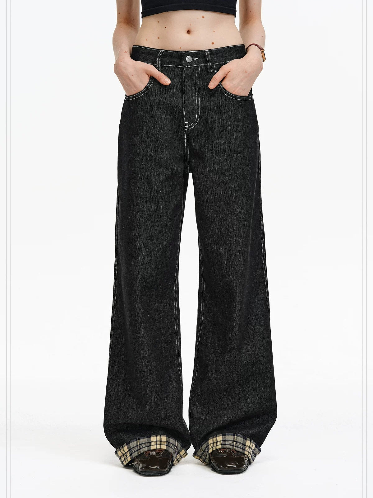 PCLP Breathable Contrast Plaid Patchwork Mid Rise Wide Straight Women Cotton Jeans