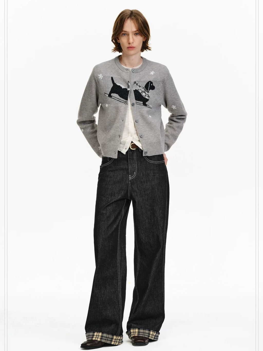 PCLP Breathable Contrast Plaid Patchwork Mid Rise Wide Straight Women Cotton Jeans