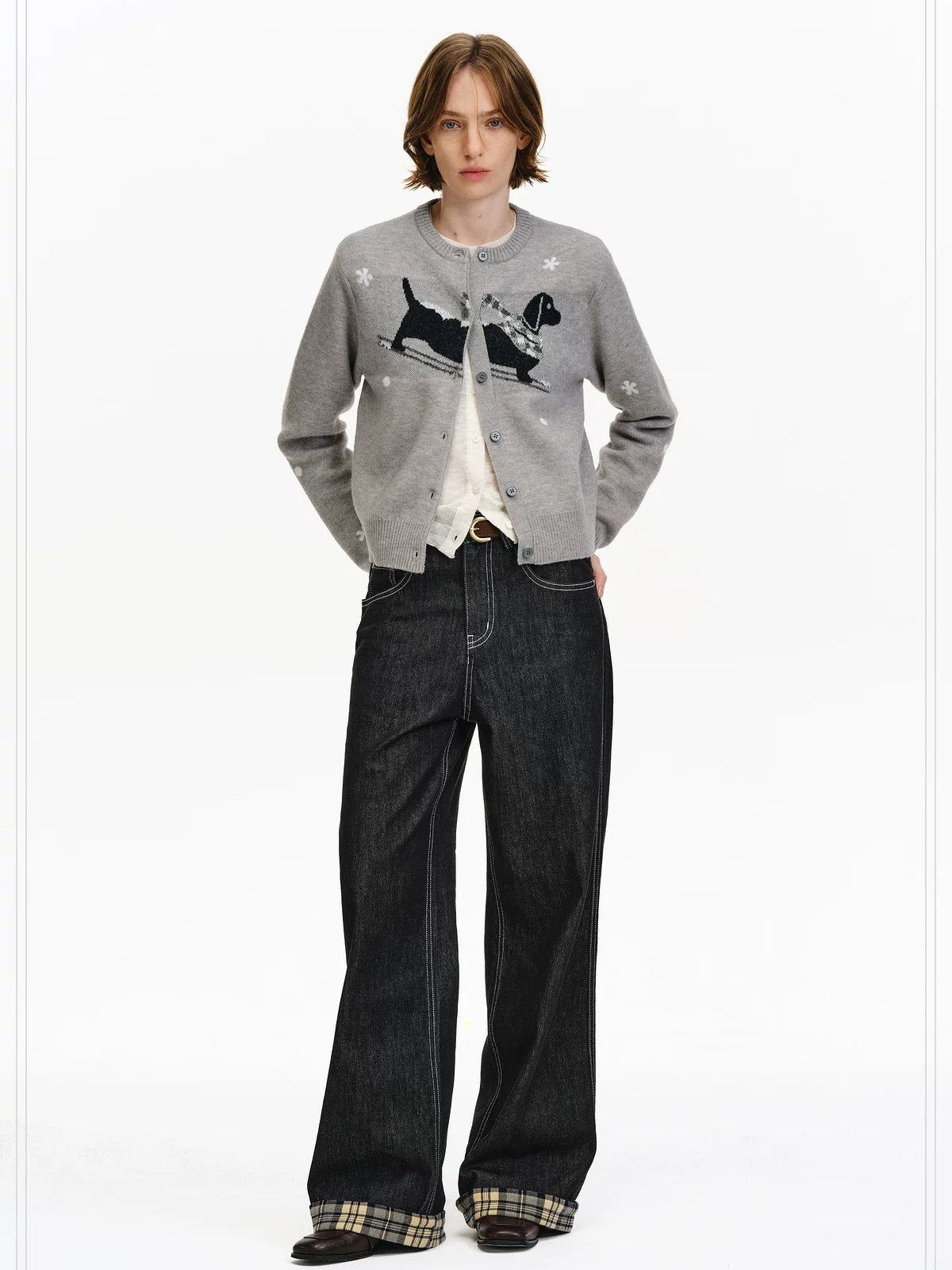 PCLP Breathable Contrast Plaid Patchwork Mid Rise Wide Straight Women Cotton Jeans