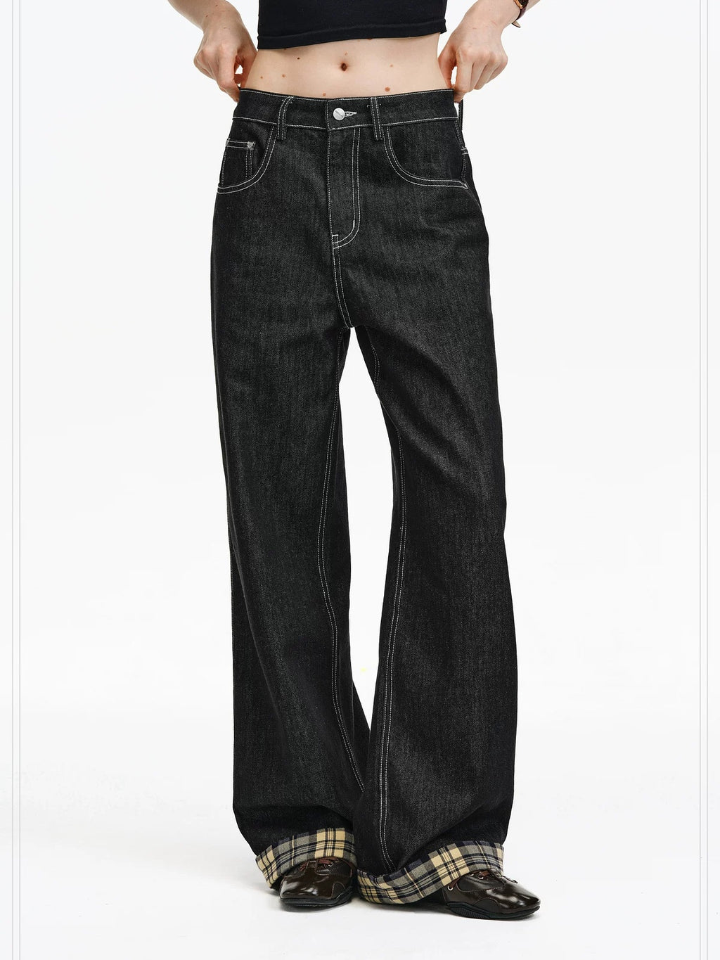 PCLP Breathable Contrast Plaid Patchwork Mid Rise Wide Straight Women Cotton Jeans