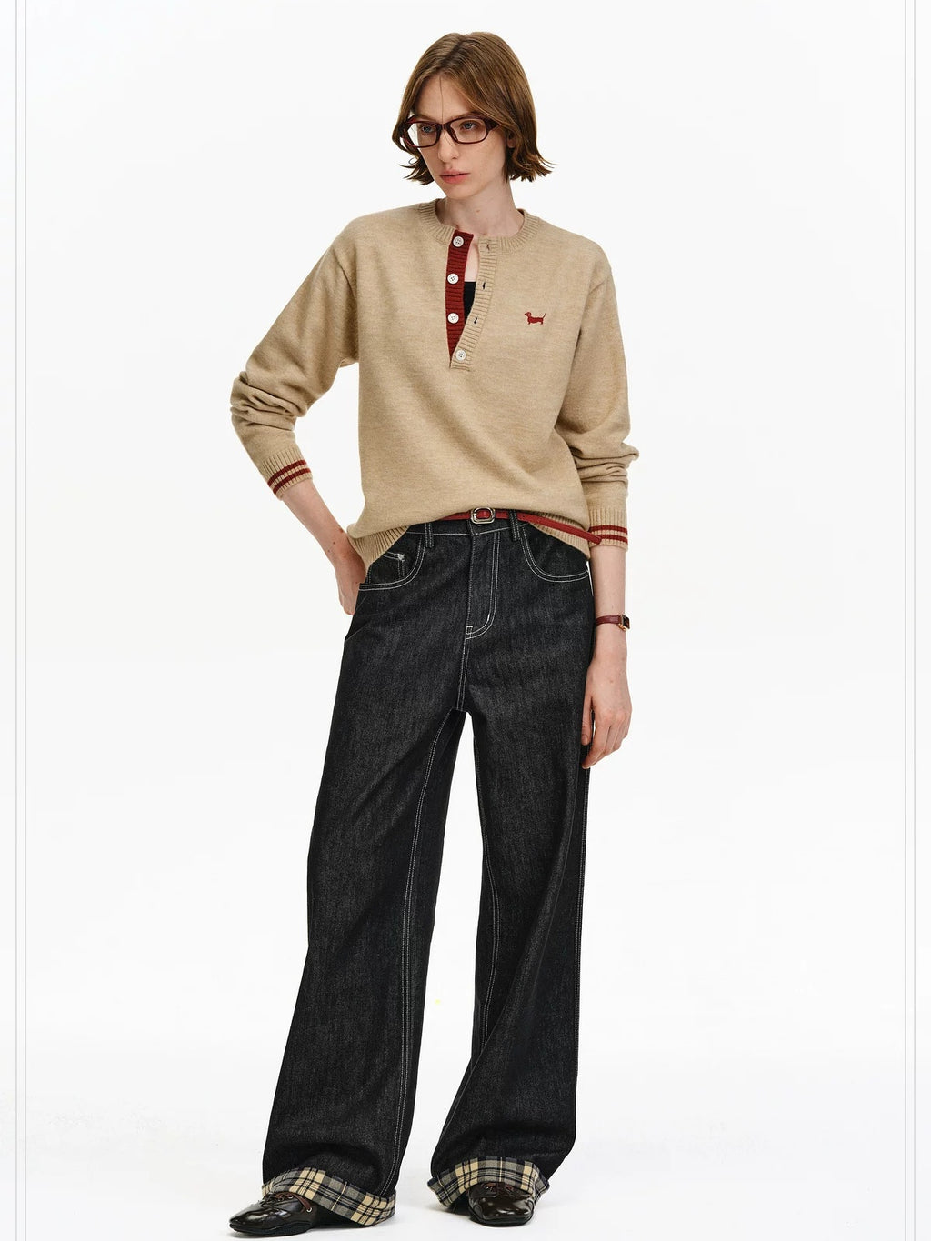 PCLP Breathable Contrast Plaid Patchwork Mid Rise Wide Straight Women Cotton Jeans