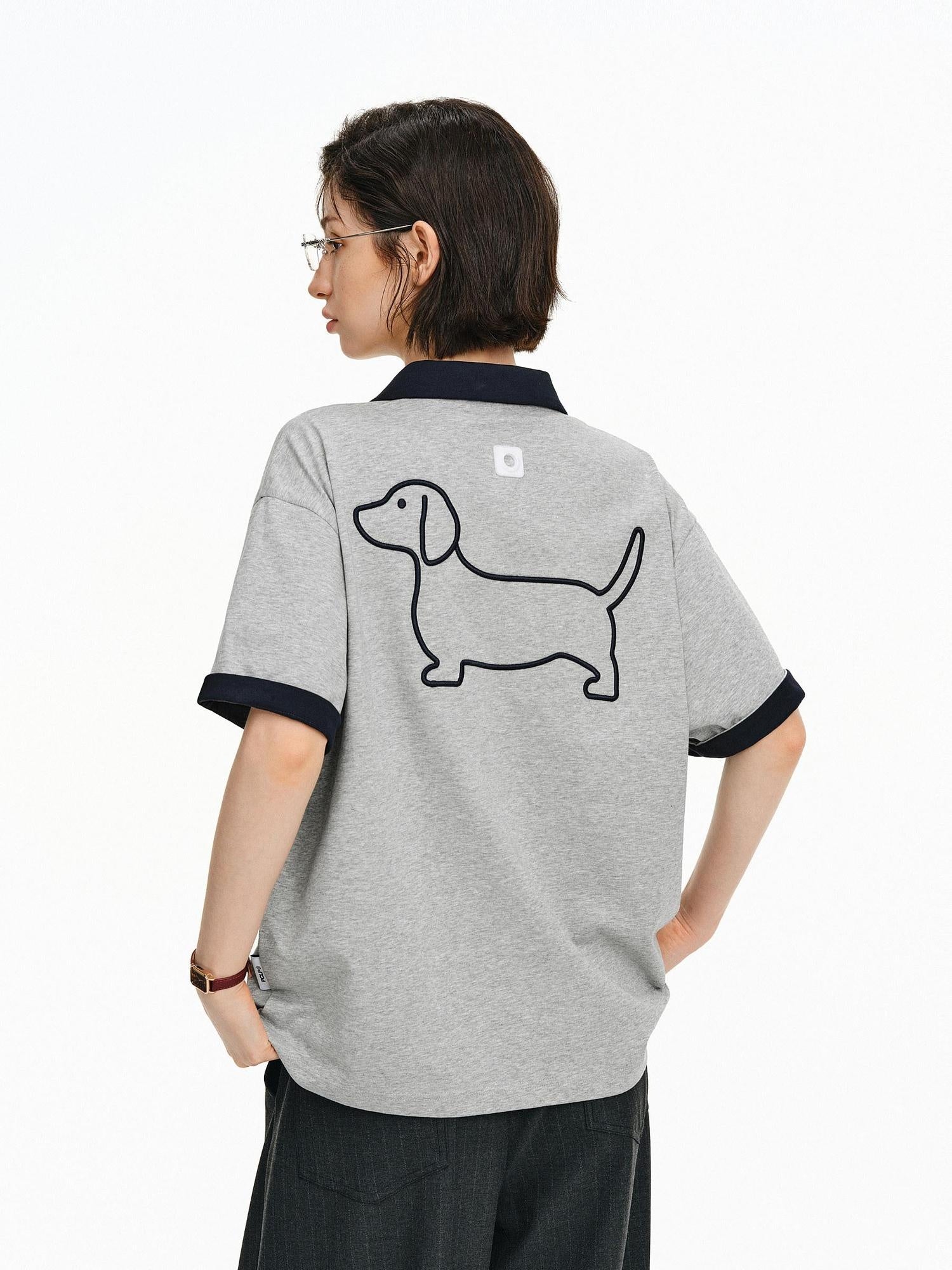 PCLP Breathable Cotton Blend Animal Print Loose Polo Collar Women Gray Navy T-Shirt