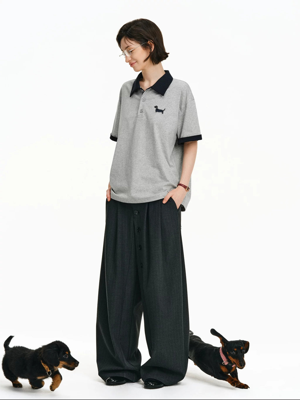 PCLP Breathable Cotton Blend Animal Print Loose Polo Collar Women Gray Navy T-Shirt