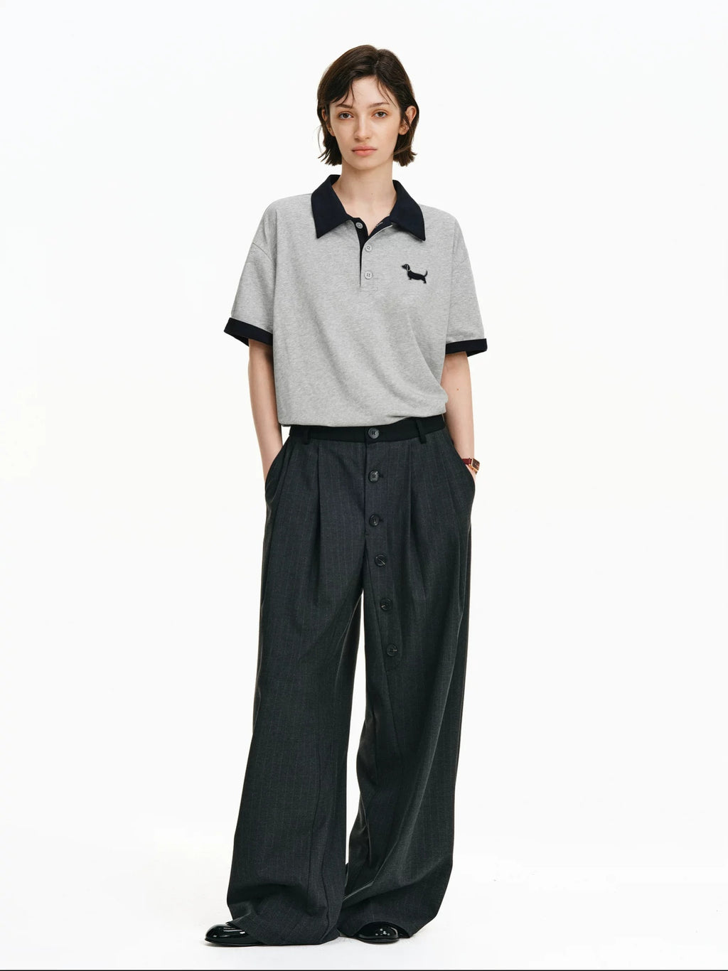 PCLP Breathable Cotton Blend Animal Print Loose Polo Collar Women Gray Navy T-Shirt