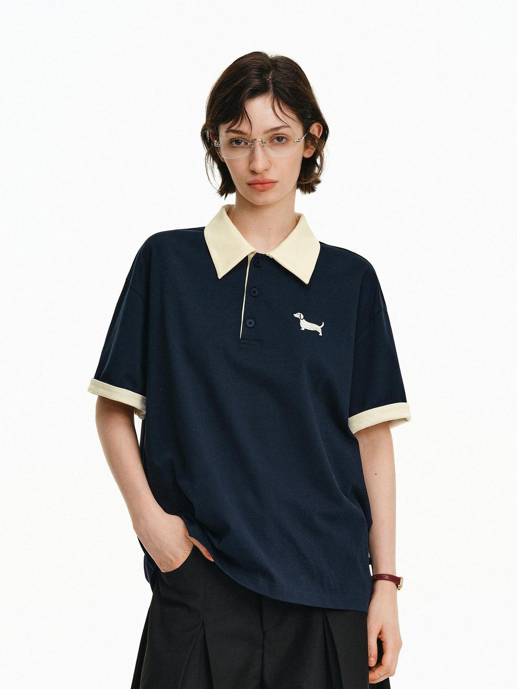 PCLP Breathable Cotton Blend Animal Print Loose Polo Collar Women Gray Navy T-Shirt