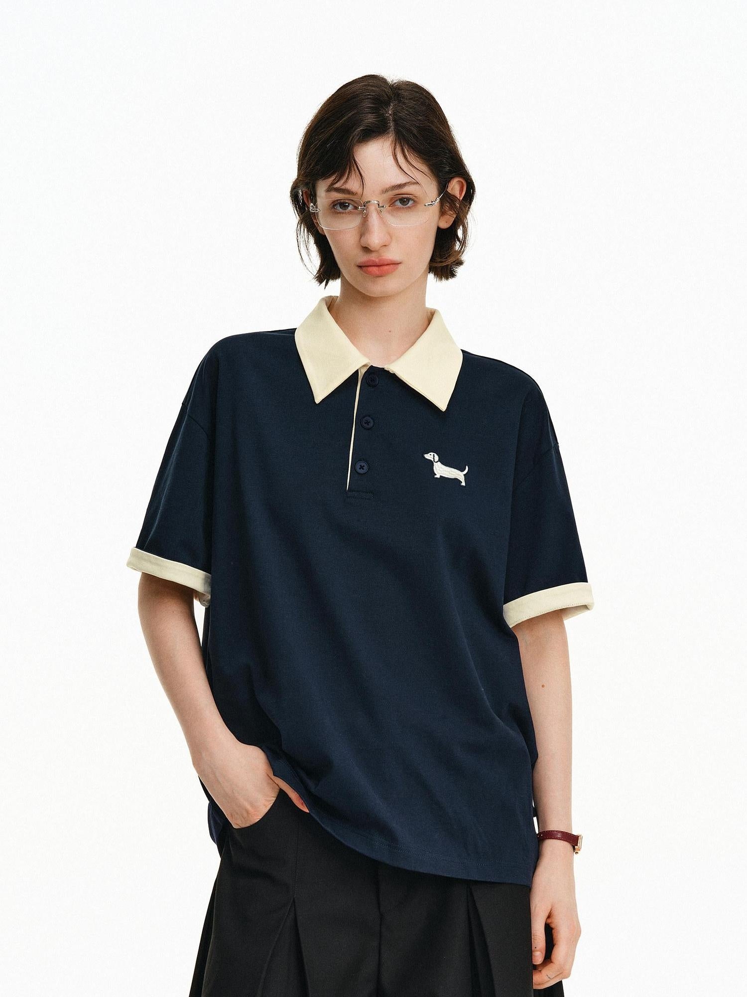 PCLP Breathable Cotton Blend Animal Print Loose Polo Collar Women Gray Navy T-Shirt