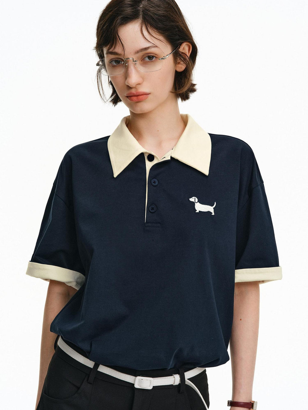 PCLP Breathable Cotton Blend Animal Print Loose Polo Collar Women Gray Navy T-Shirt