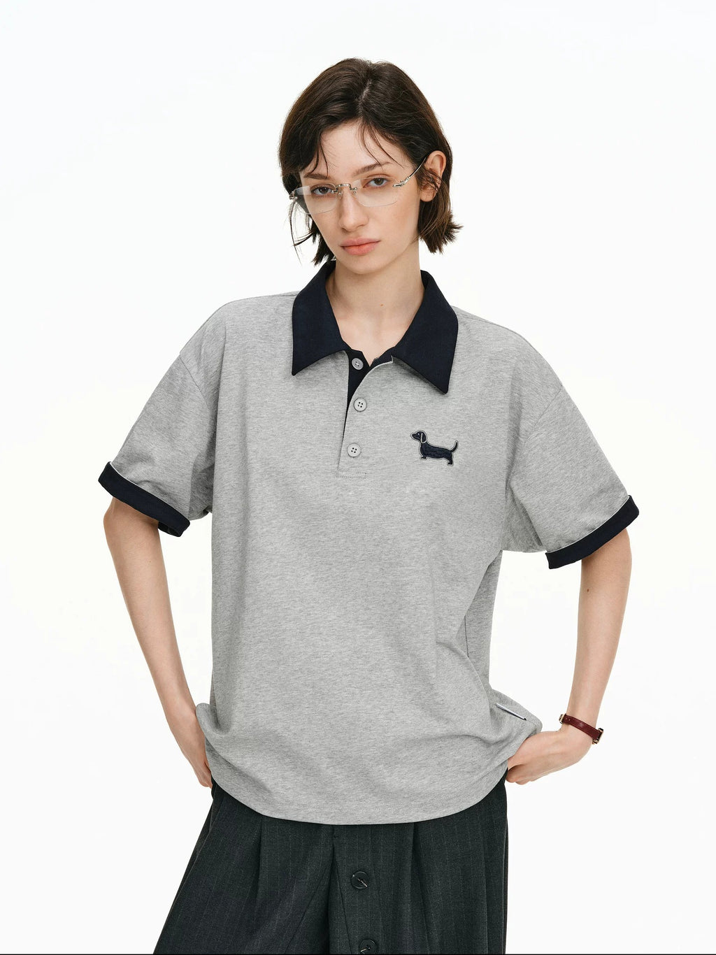 PCLP Breathable Cotton Blend Animal Print Loose Polo Collar Women Gray Navy T-Shirt