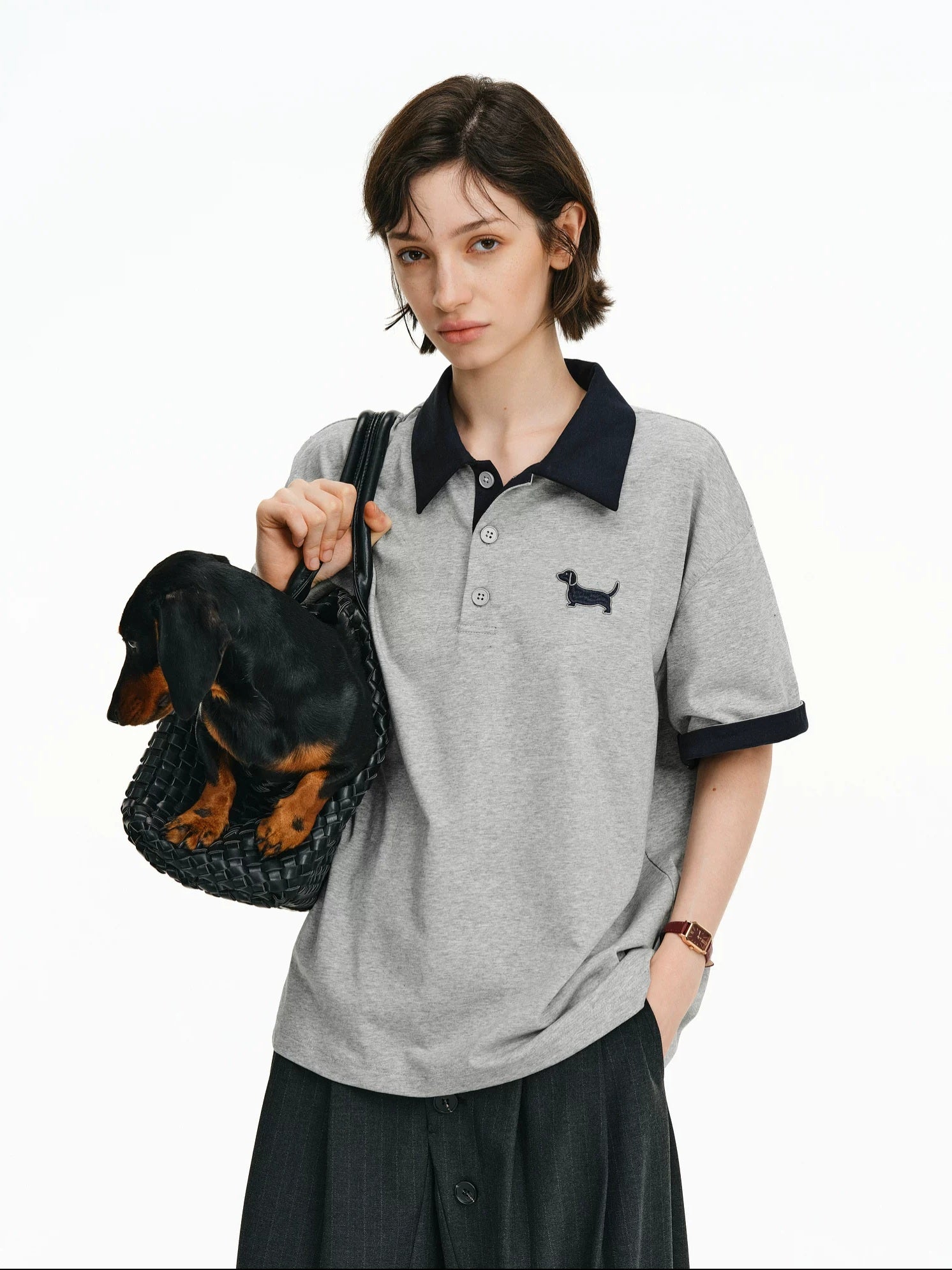 PCLP Breathable Cotton Blend Animal Print Loose Polo Collar Women Gray Navy T-Shirt