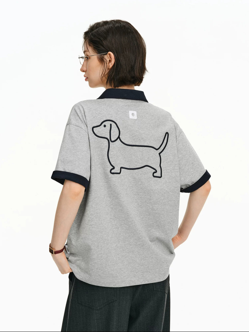 PCLP Breathable Cotton Blend Animal Print Loose Polo Collar Women Gray Navy T-Shirt