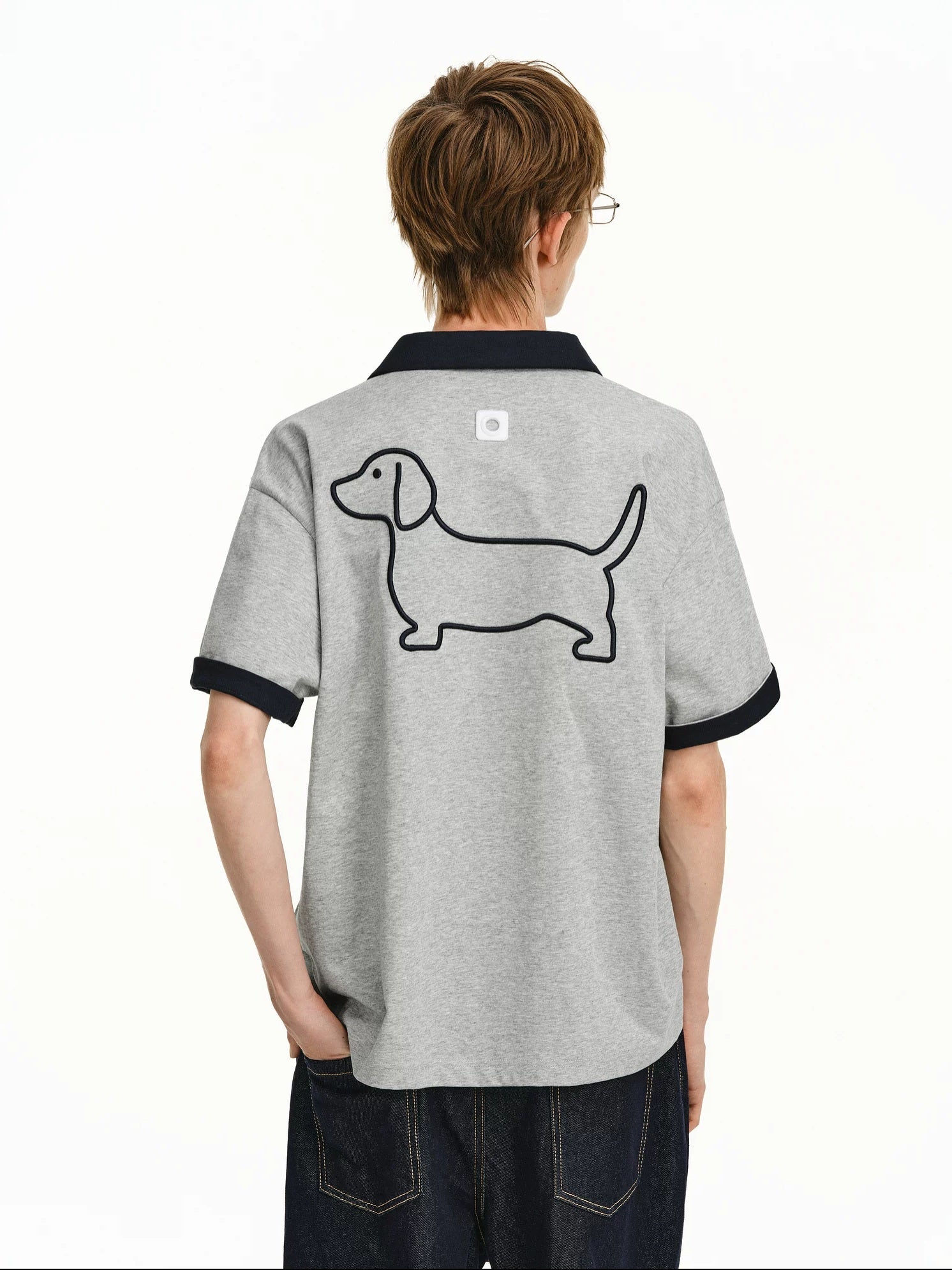 PCLP Breathable Cotton Blend Animal Print Loose Polo Collar Women Gray Navy T-Shirt