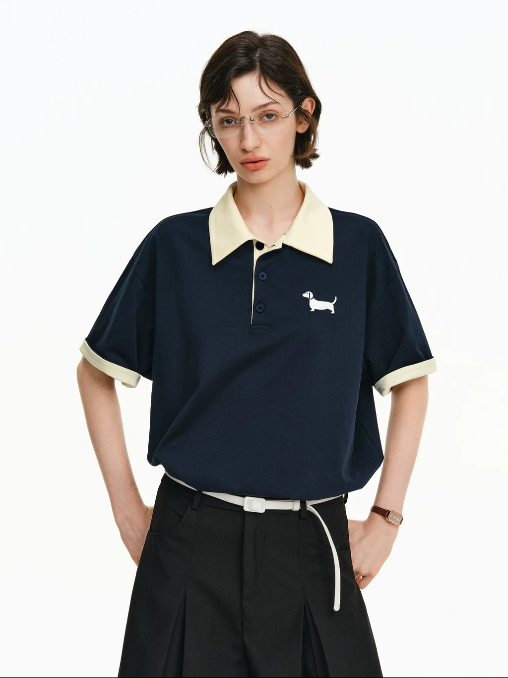 PCLP Breathable Cotton Blend Animal Print Loose Polo Collar Women Gray Navy T-Shirt