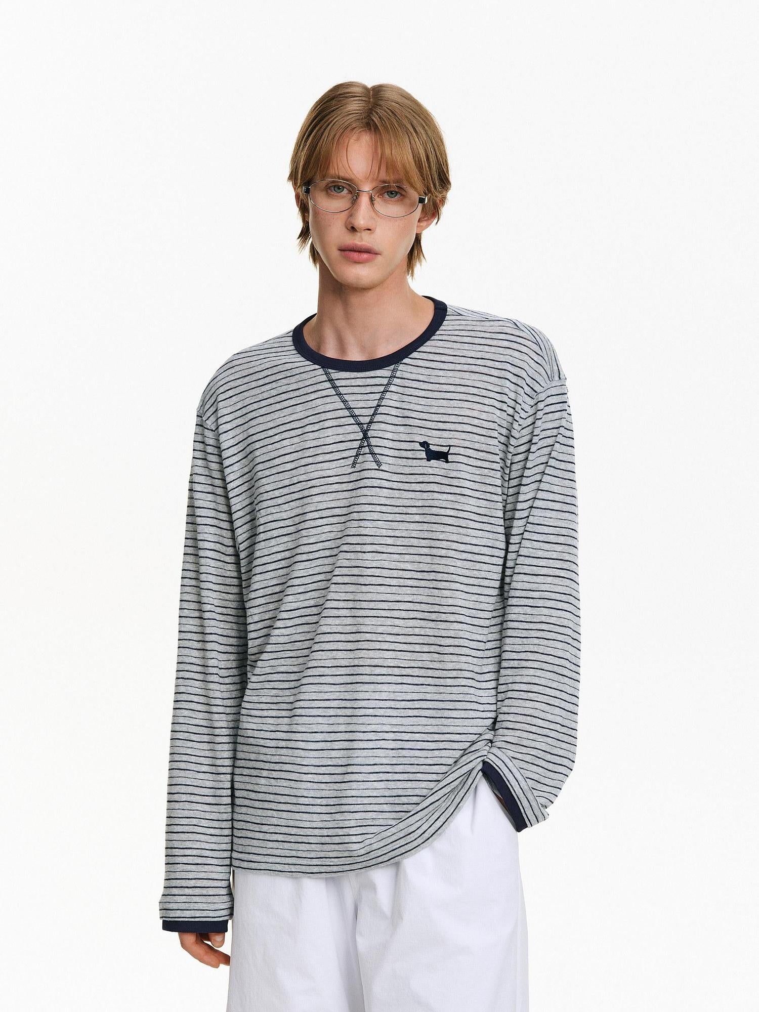 PCLP Breathable Cotton Blend Colorblock Embroidered Loose Unisex Long Sleeve T-Shirt