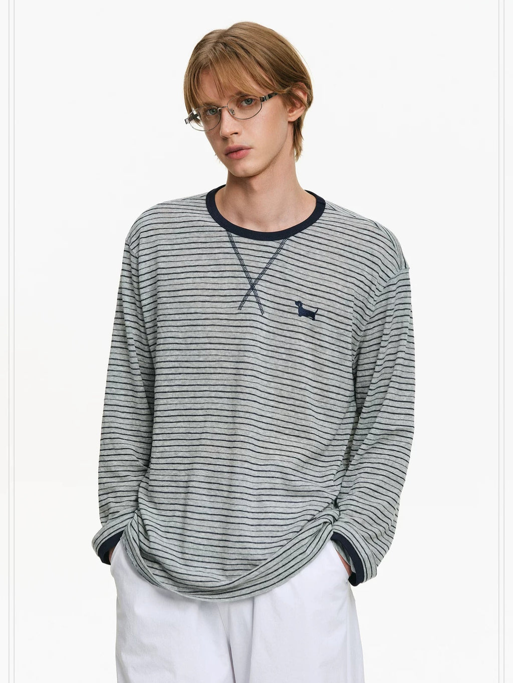 PCLP Breathable Cotton Blend Colorblock Embroidered Loose Unisex Long Sleeve T-Shirt