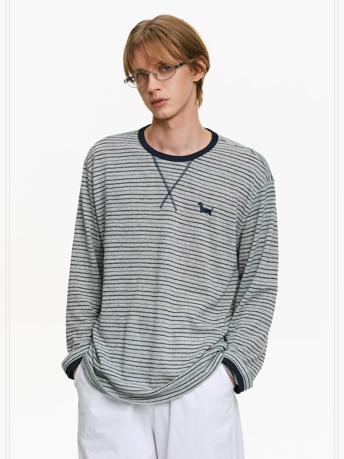 PCLP Breathable Cotton Blend Colorblock Embroidered Loose Unisex Long Sleeve T-Shirt