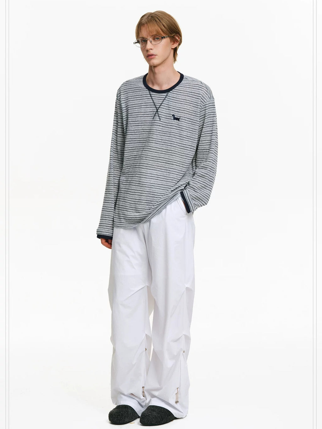 PCLP Breathable Cotton Blend Colorblock Embroidered Loose Unisex Long Sleeve T-Shirt