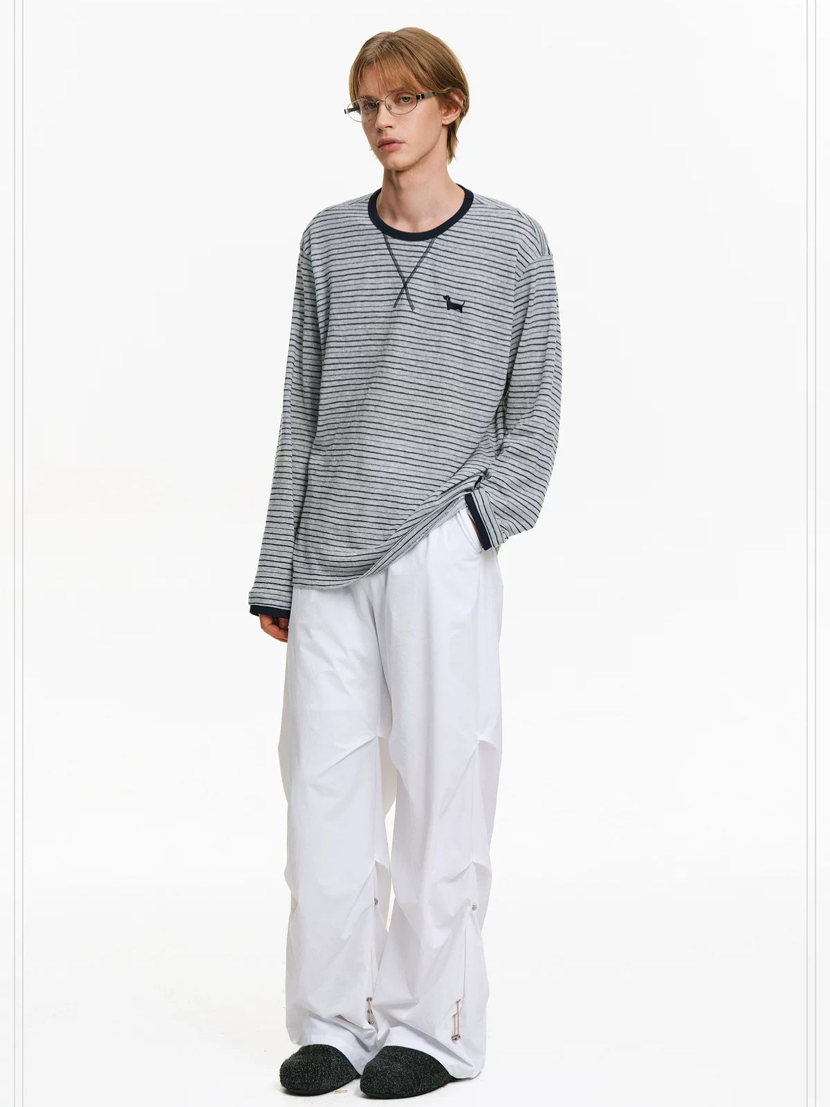 PCLP Breathable Cotton Blend Colorblock Embroidered Loose Unisex Long Sleeve T-Shirt