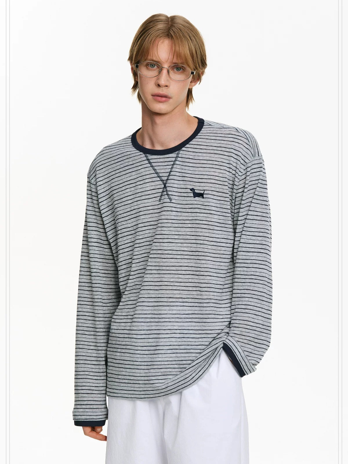 PCLP Breathable Cotton Blend Colorblock Embroidered Loose Unisex Long Sleeve T-Shirt