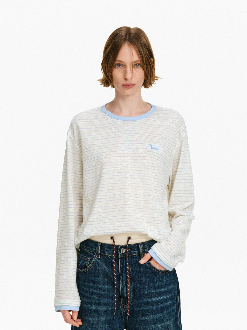 PCLP Breathable Cotton Blend Colorblock Embroidered Loose Unisex Long Sleeve T-Shirt