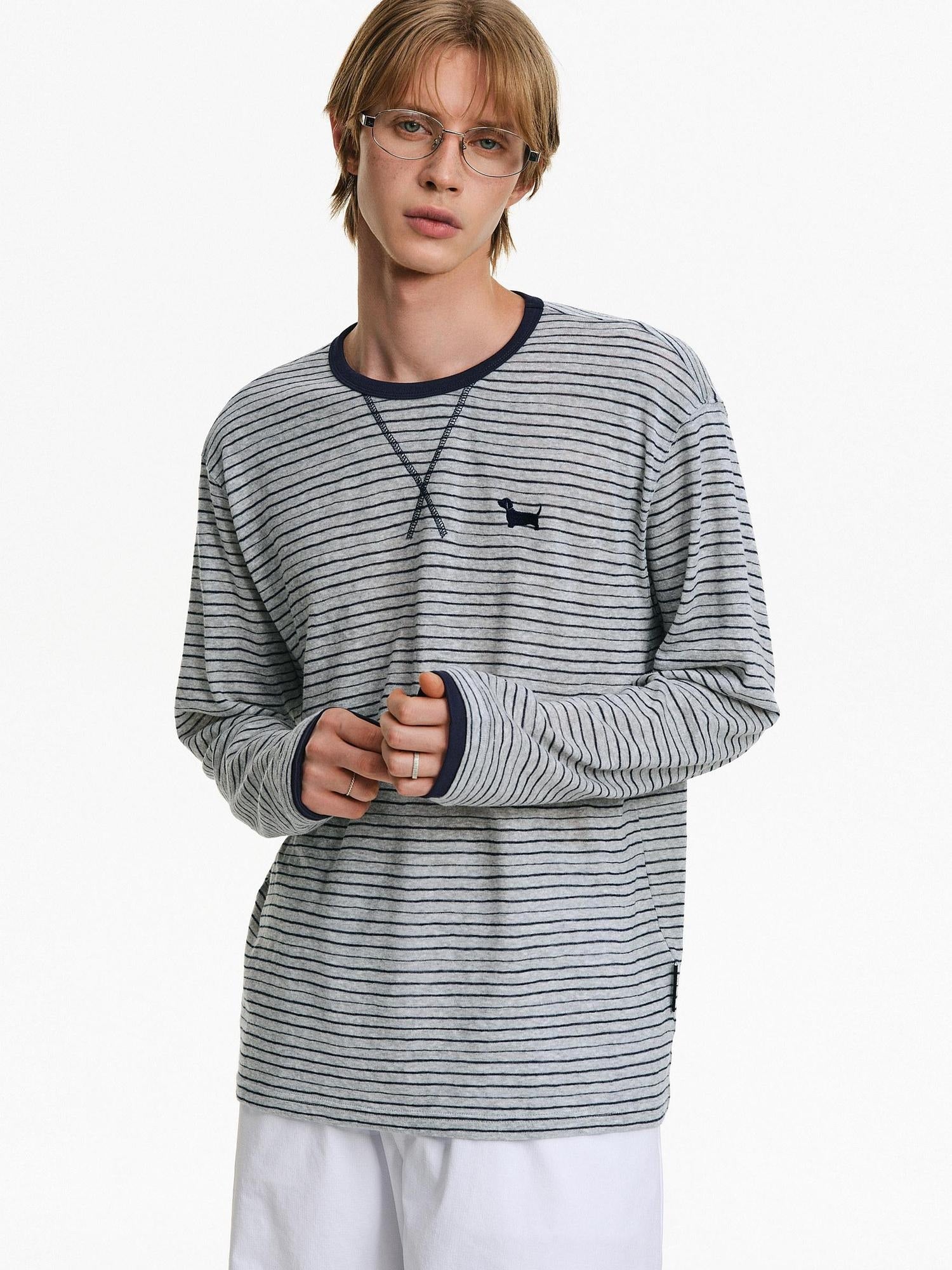 PCLP Breathable Cotton Blend Colorblock Embroidered Loose Unisex Long Sleeve T-Shirt