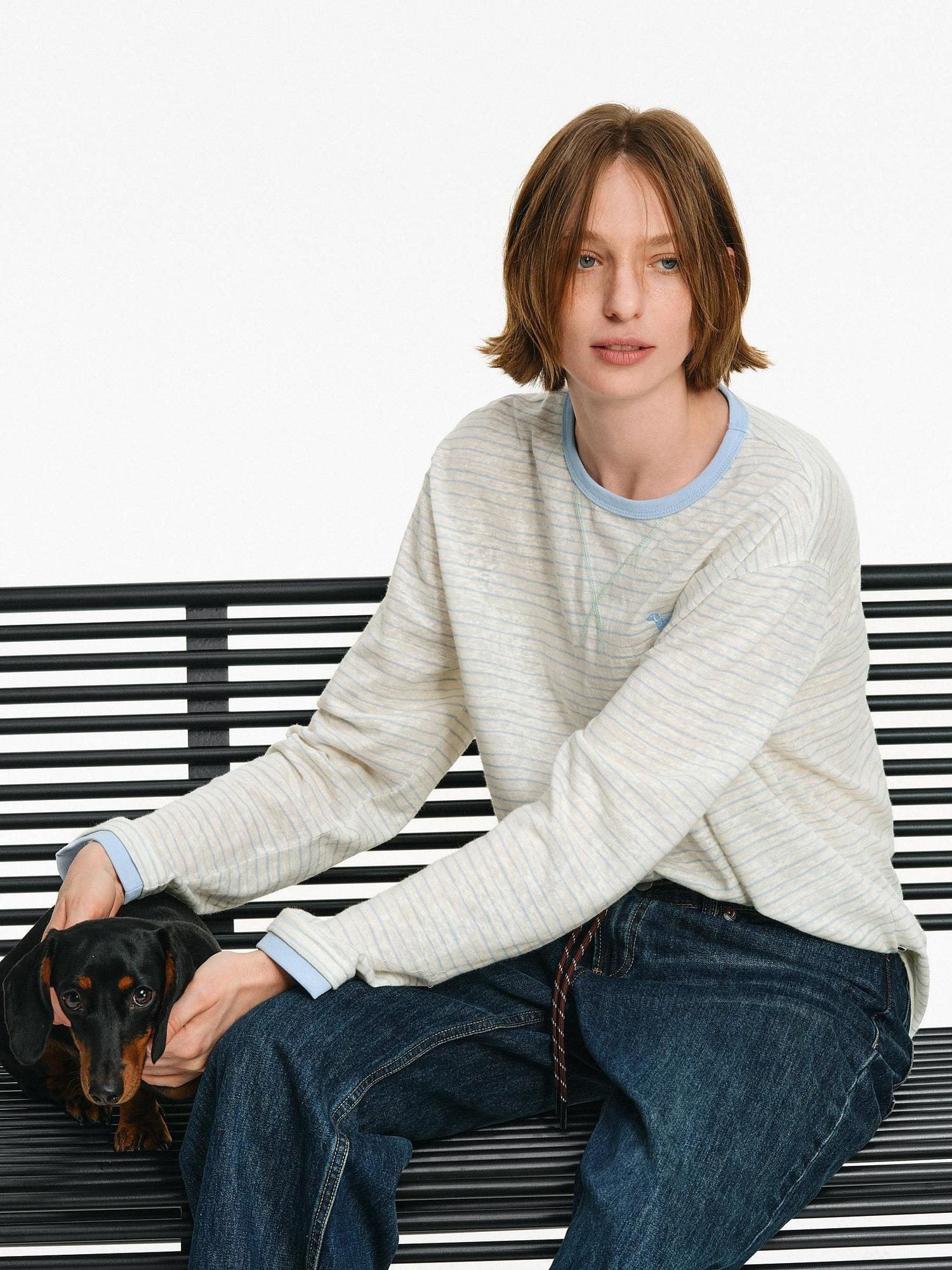 PCLP Breathable Cotton Blend Colorblock Embroidered Loose Unisex Long Sleeve T-Shirt