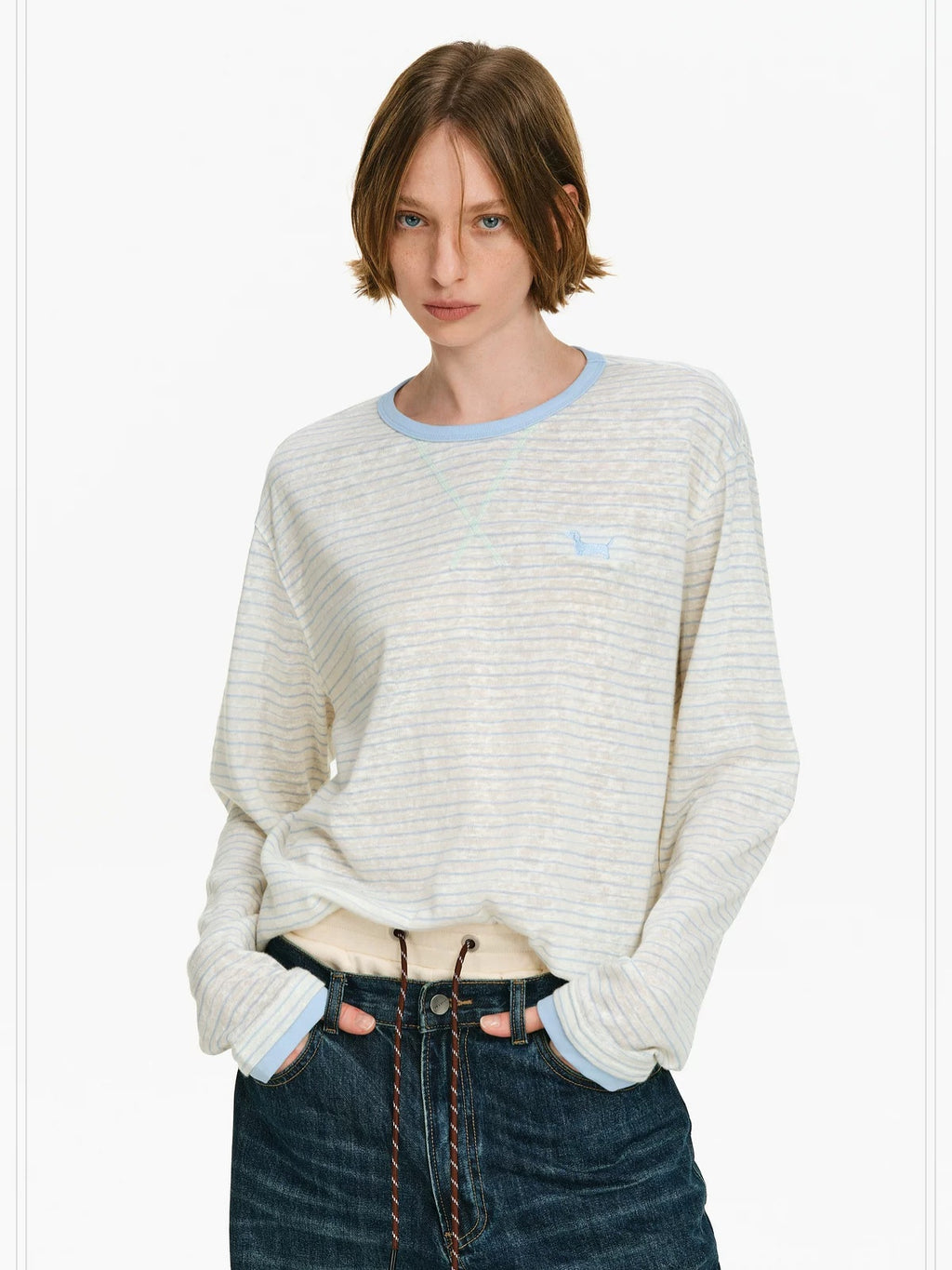 PCLP Breathable Cotton Blend Colorblock Embroidered Loose Unisex Long Sleeve T-Shirt