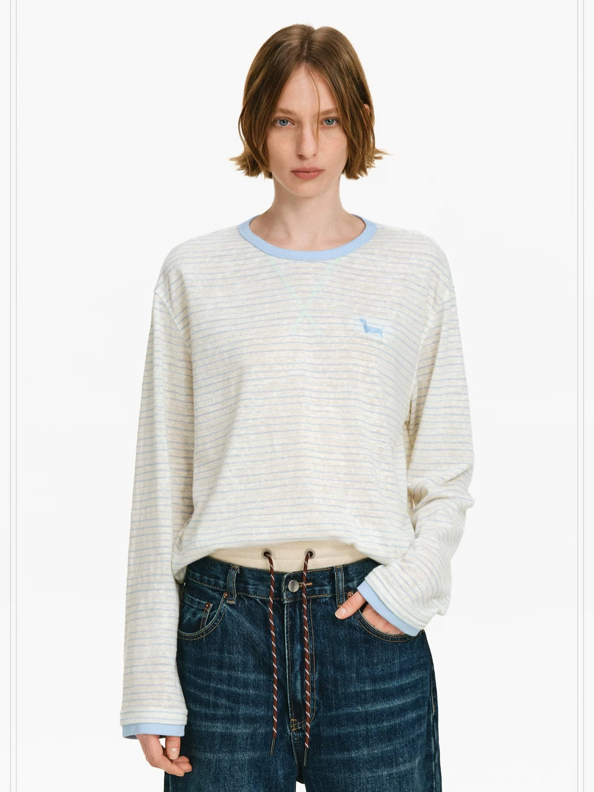 PCLP Breathable Cotton Blend Colorblock Embroidered Loose Unisex Long Sleeve T-Shirt