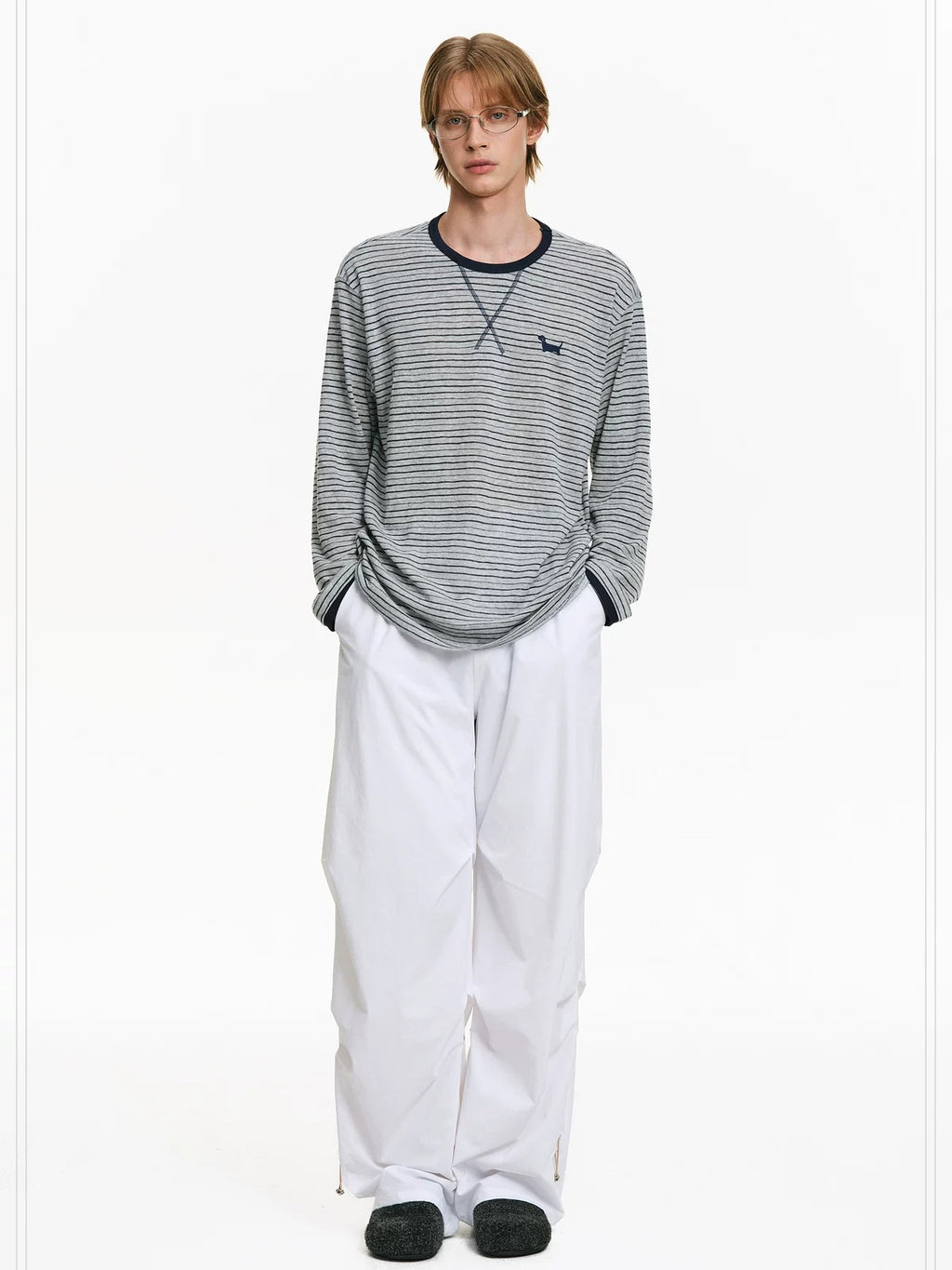 PCLP Breathable Cotton Blend Colorblock Embroidered Loose Unisex Long Sleeve T-Shirt