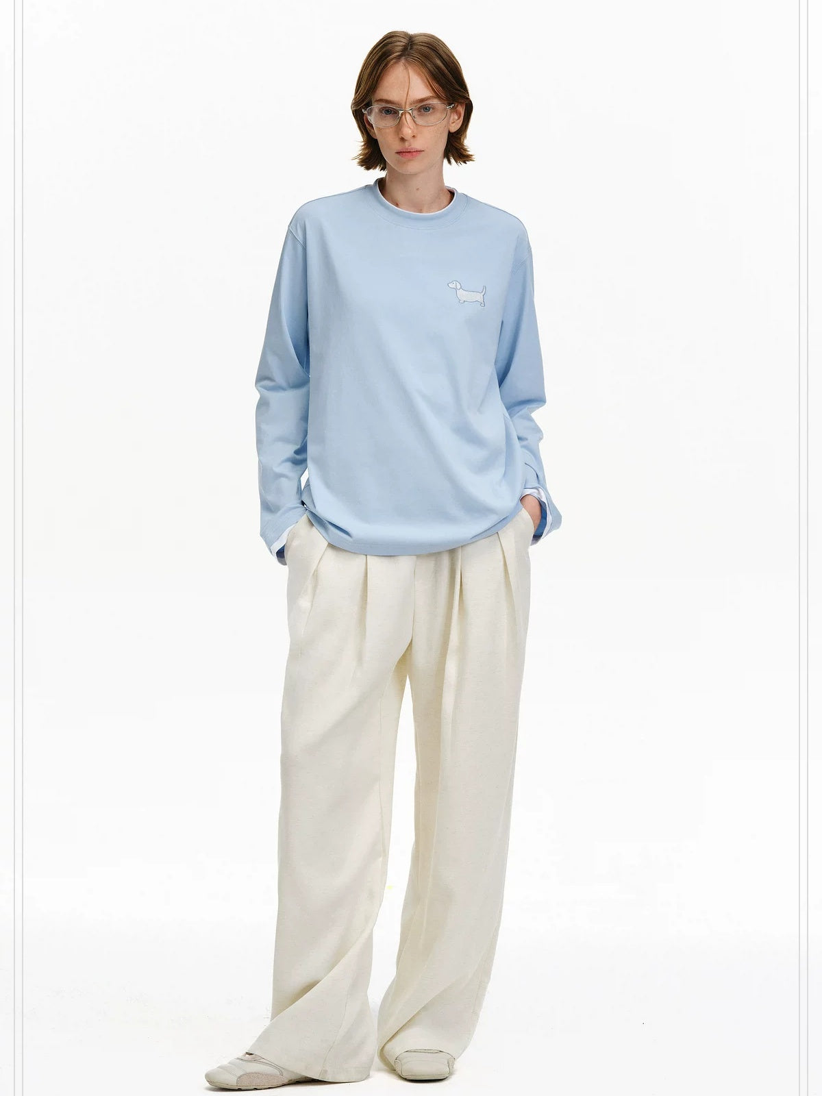 PCLP Breathable Cotton Blend Colorblock Embroidered Youth Crewneck Long Sleeve T-Shirt