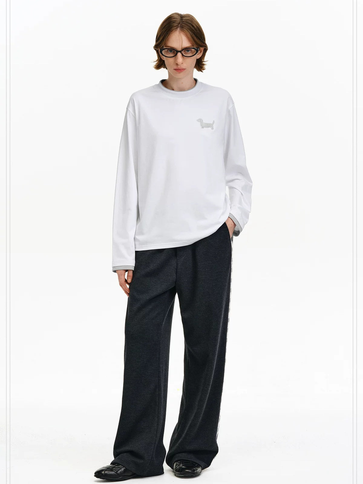 PCLP Breathable Cotton Blend Colorblock Embroidered Youth Crewneck Long Sleeve T-Shirt