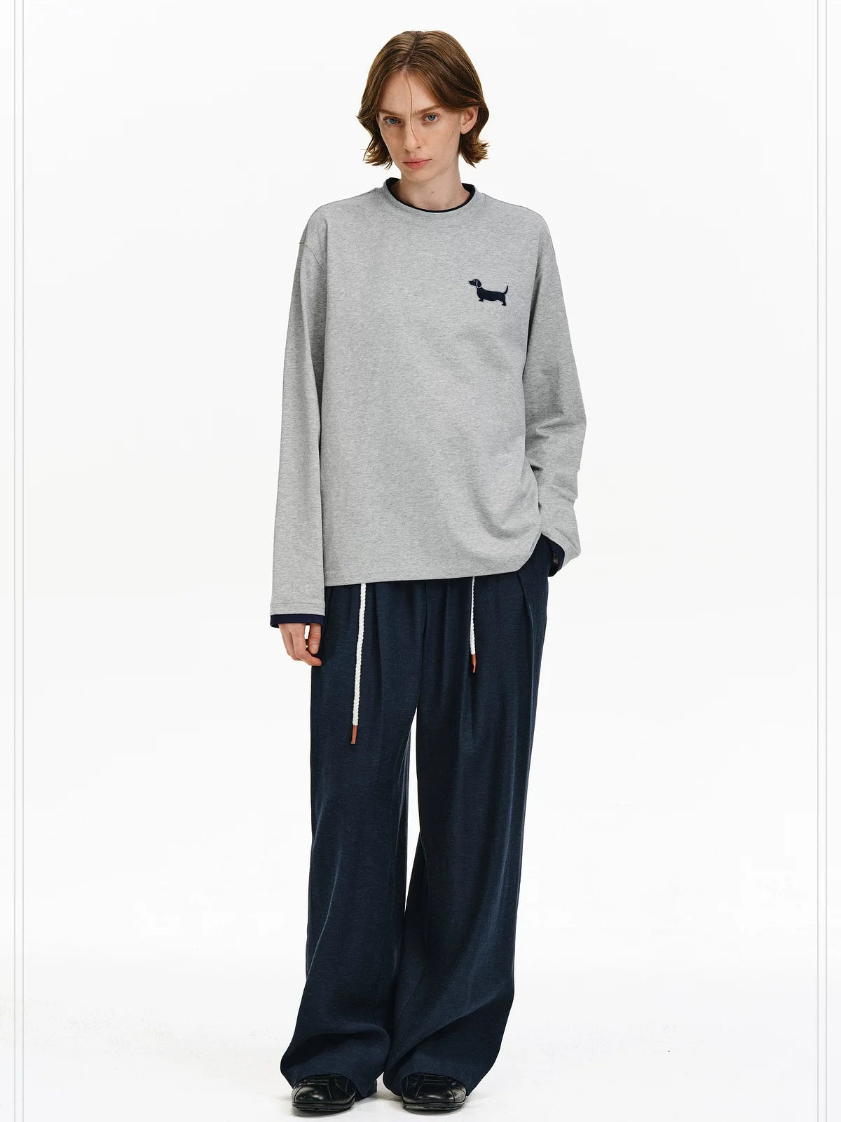 PCLP Breathable Cotton Blend Colorblock Embroidered Youth Crewneck Long Sleeve T-Shirt