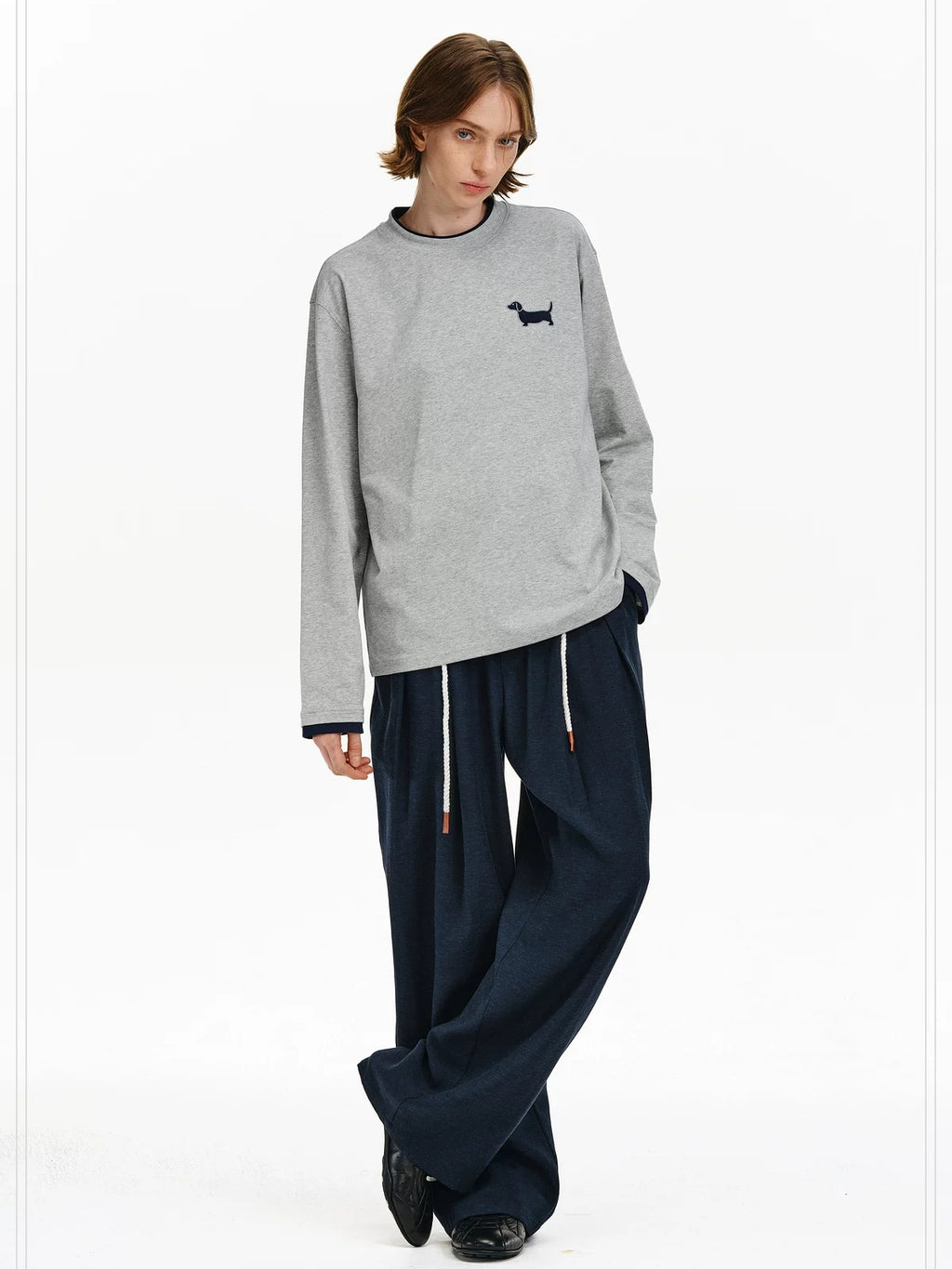 PCLP Breathable Cotton Blend Colorblock Embroidered Youth Crewneck Long Sleeve T-Shirt