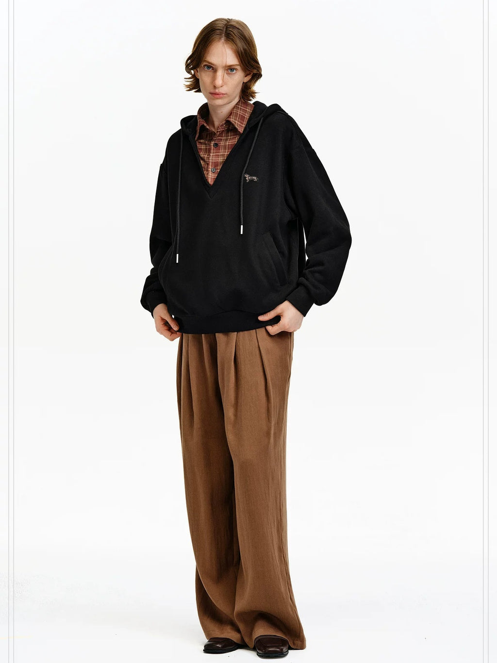 PCLP Breathable Cotton Blend Colorblock Patchwork Loose Unisex Plaid Pullover Hoodie