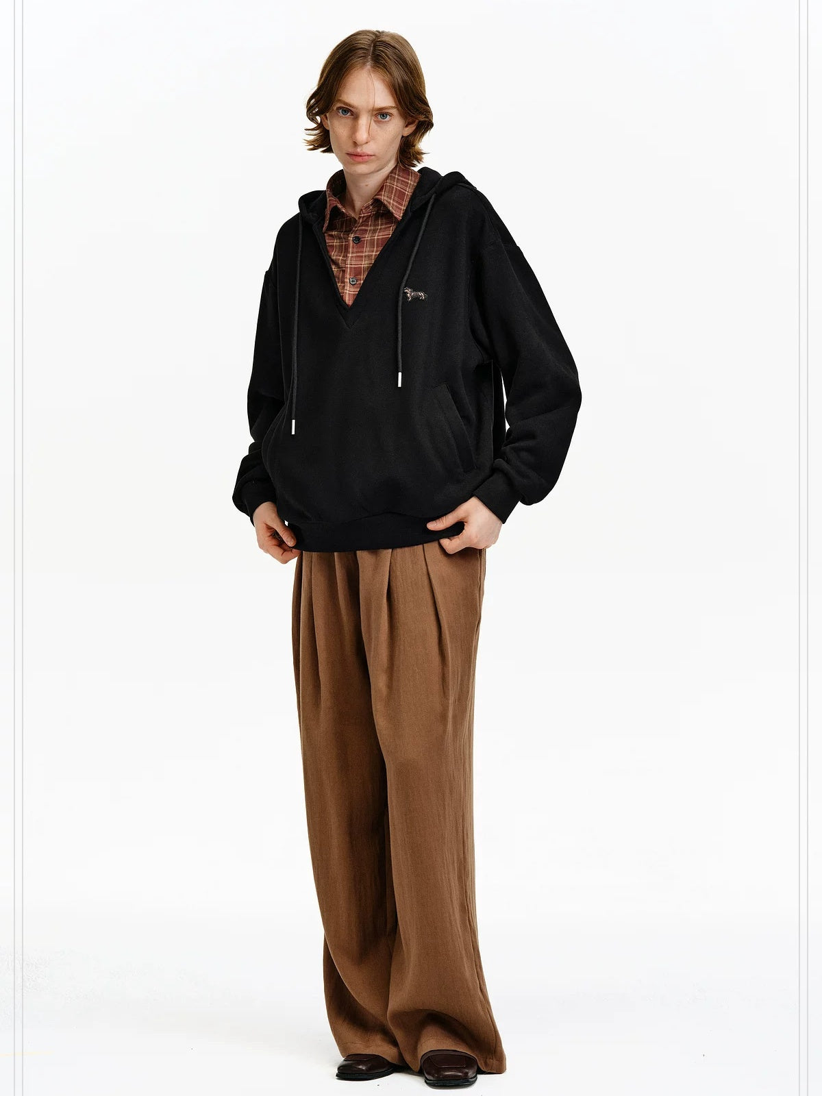 PCLP Breathable Cotton Blend Colorblock Patchwork Loose Unisex Plaid Pullover Hoodie