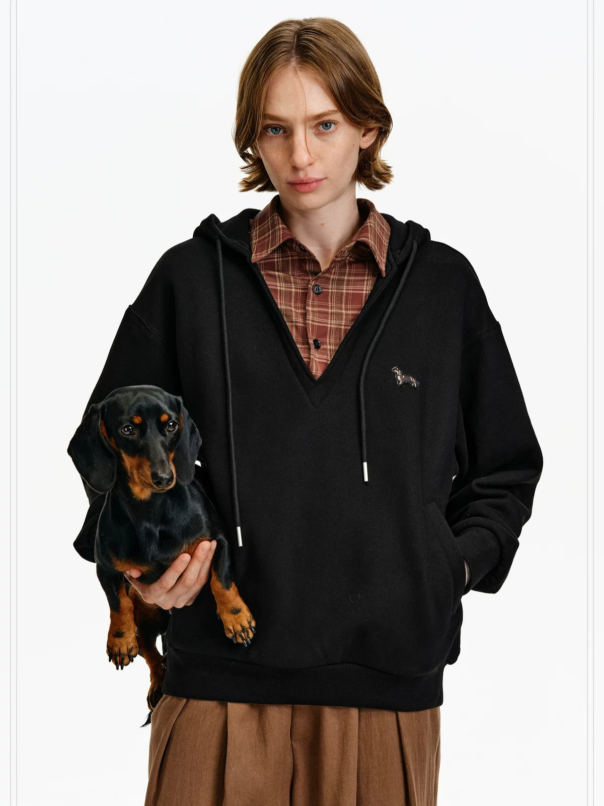 PCLP Breathable Cotton Blend Colorblock Patchwork Loose Unisex Plaid Pullover Hoodie