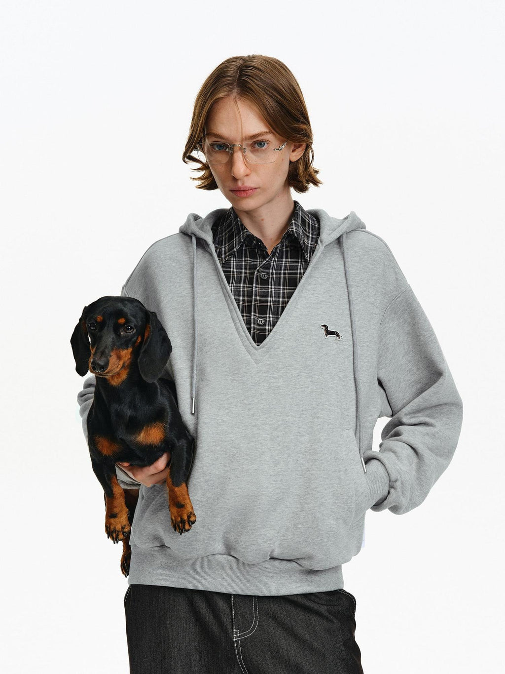 PCLP Breathable Cotton Blend Colorblock Patchwork Loose Unisex Plaid Pullover Hoodie