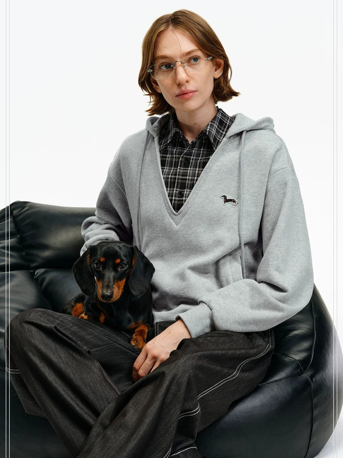 PCLP Breathable Cotton Blend Colorblock Patchwork Loose Unisex Plaid Pullover Hoodie