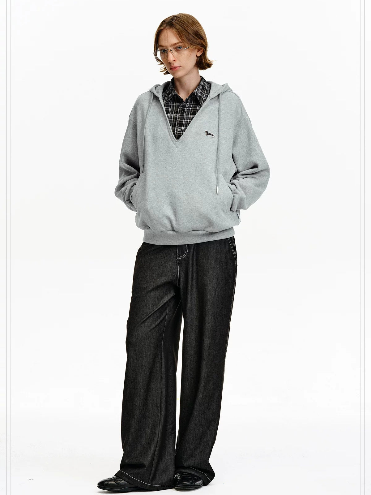 PCLP Breathable Cotton Blend Colorblock Patchwork Loose Unisex Plaid Pullover Hoodie