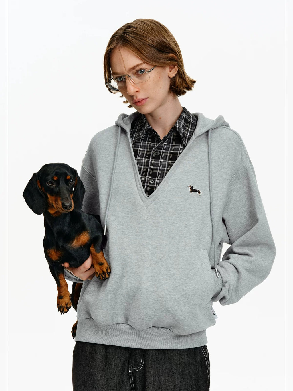 PCLP Breathable Cotton Blend Colorblock Patchwork Loose Unisex Plaid Pullover Hoodie