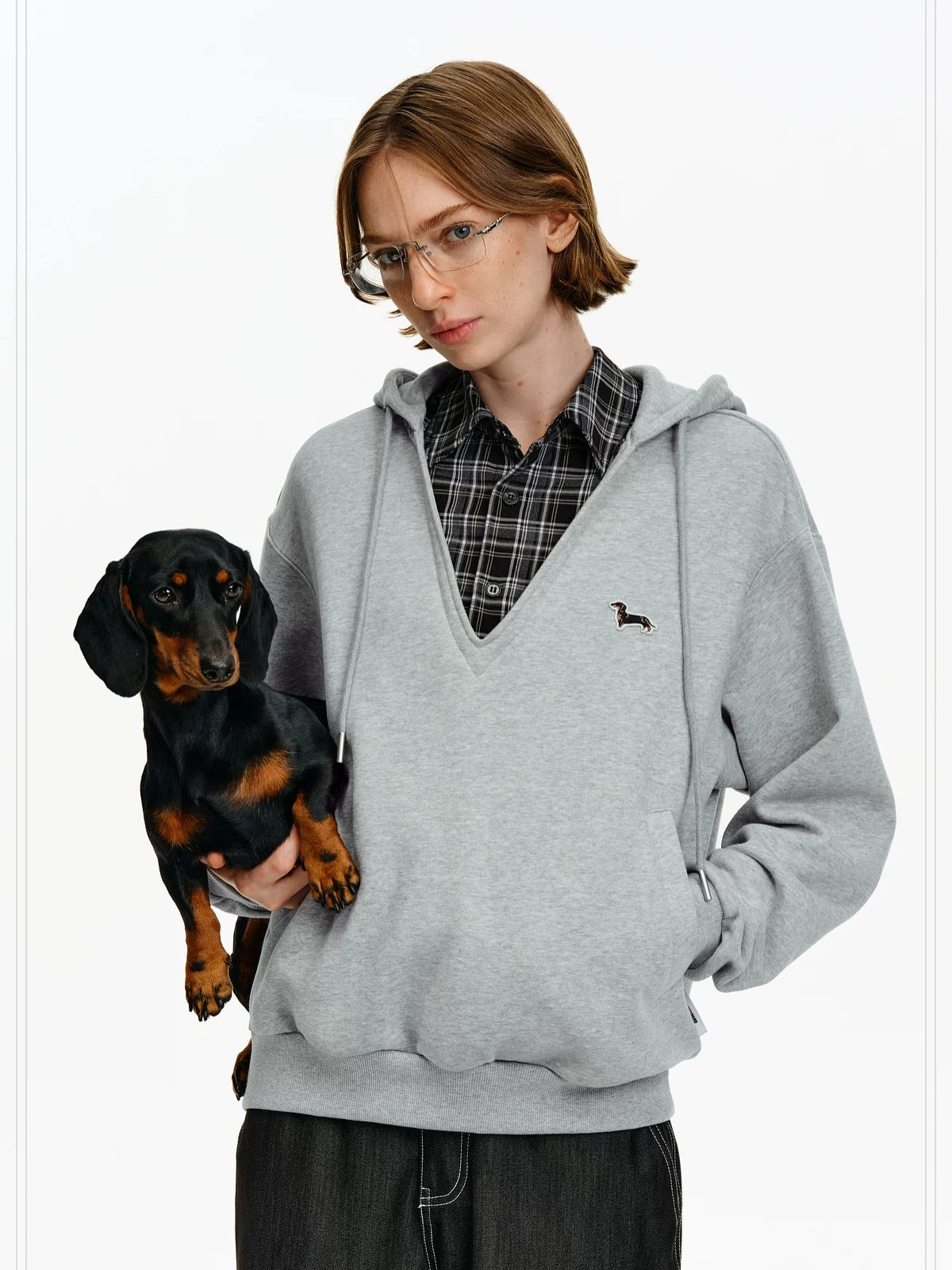 PCLP Breathable Cotton Blend Colorblock Patchwork Loose Unisex Plaid Pullover Hoodie