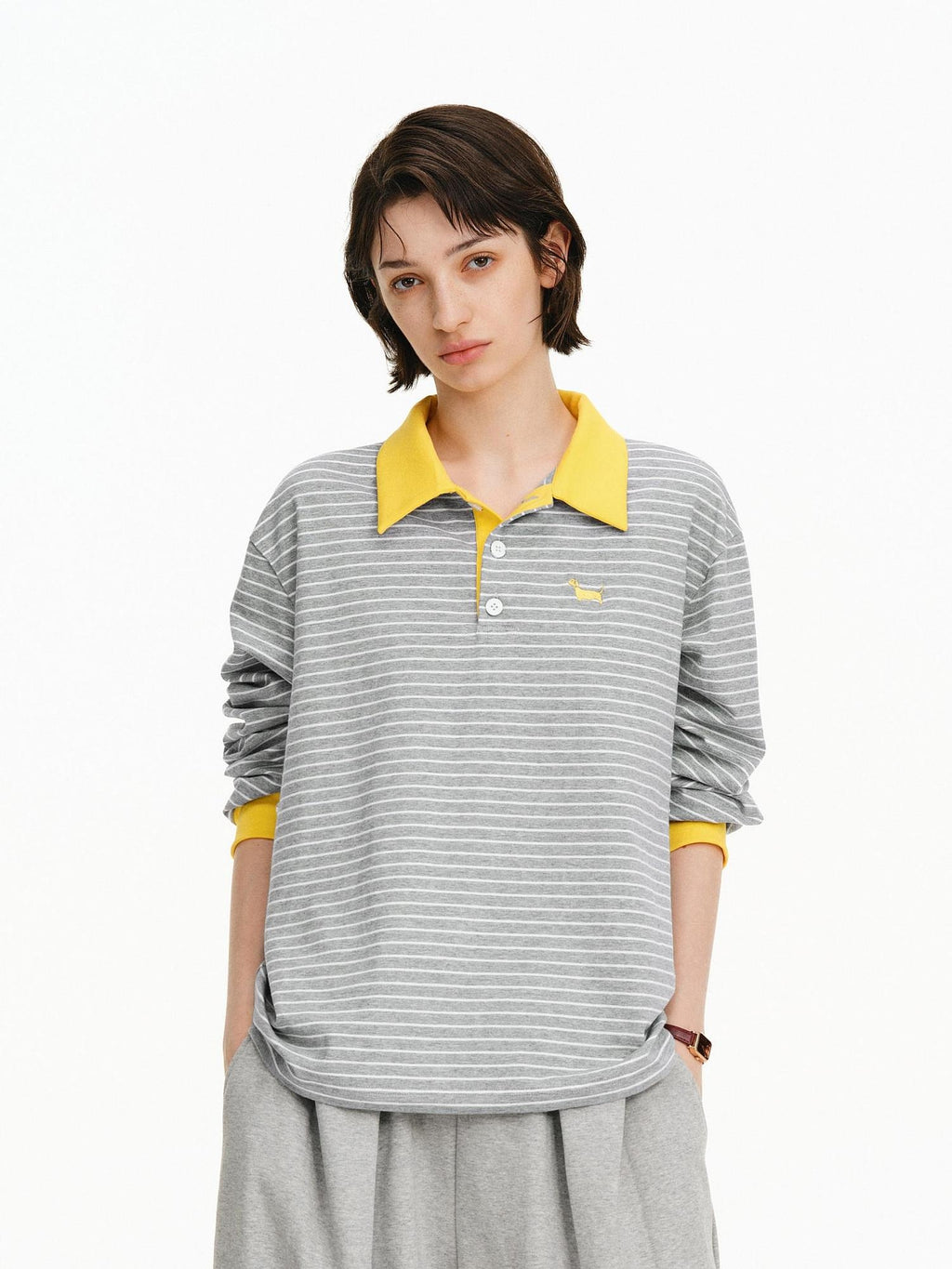 PCLP Breathable Cotton Blend Embroidered Chest Loose Unisex Polo Long Sleeve T-Shirt